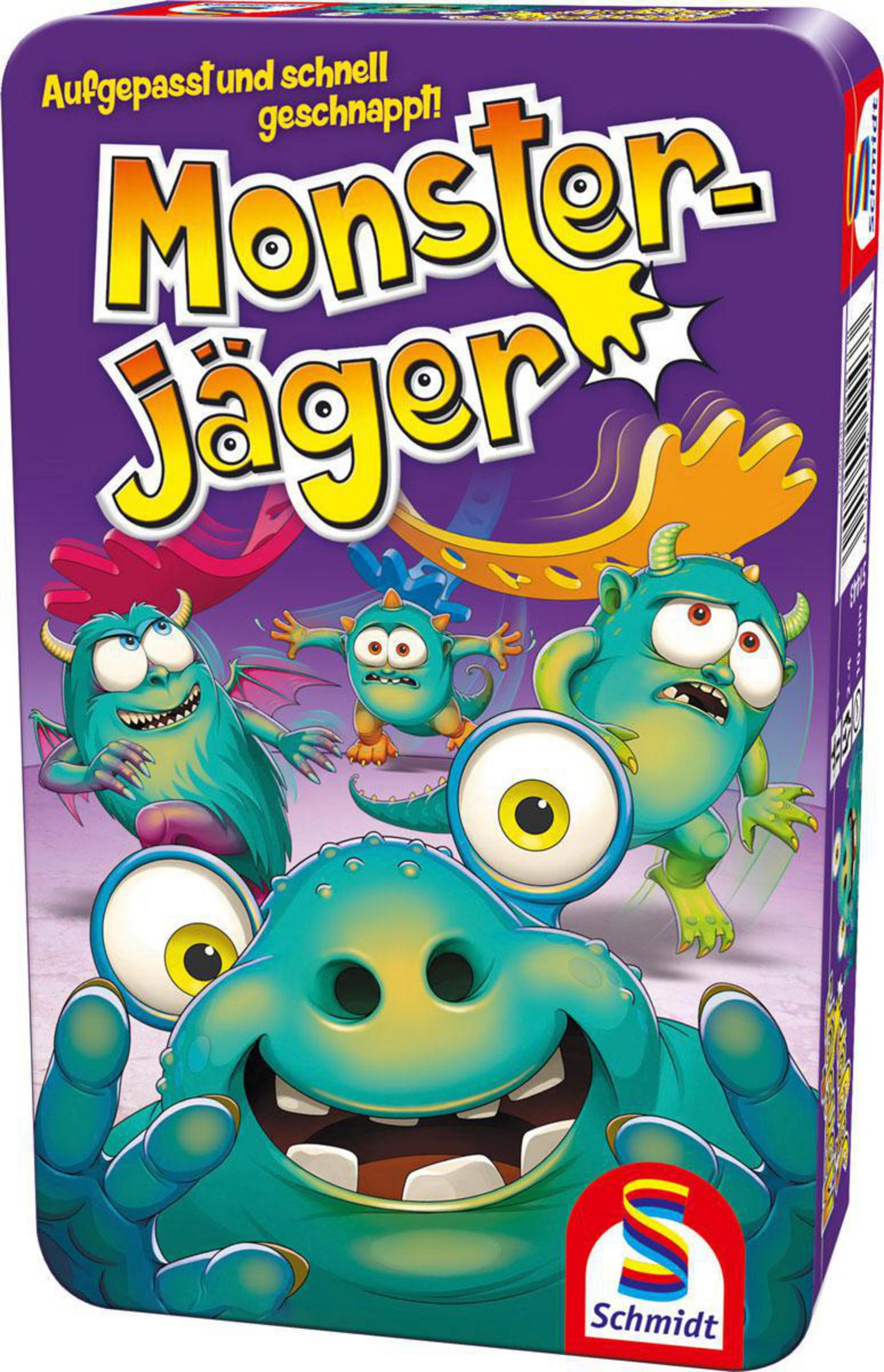 Monster Jager Brettspielbox mit Cartoon-Monstern und Text.