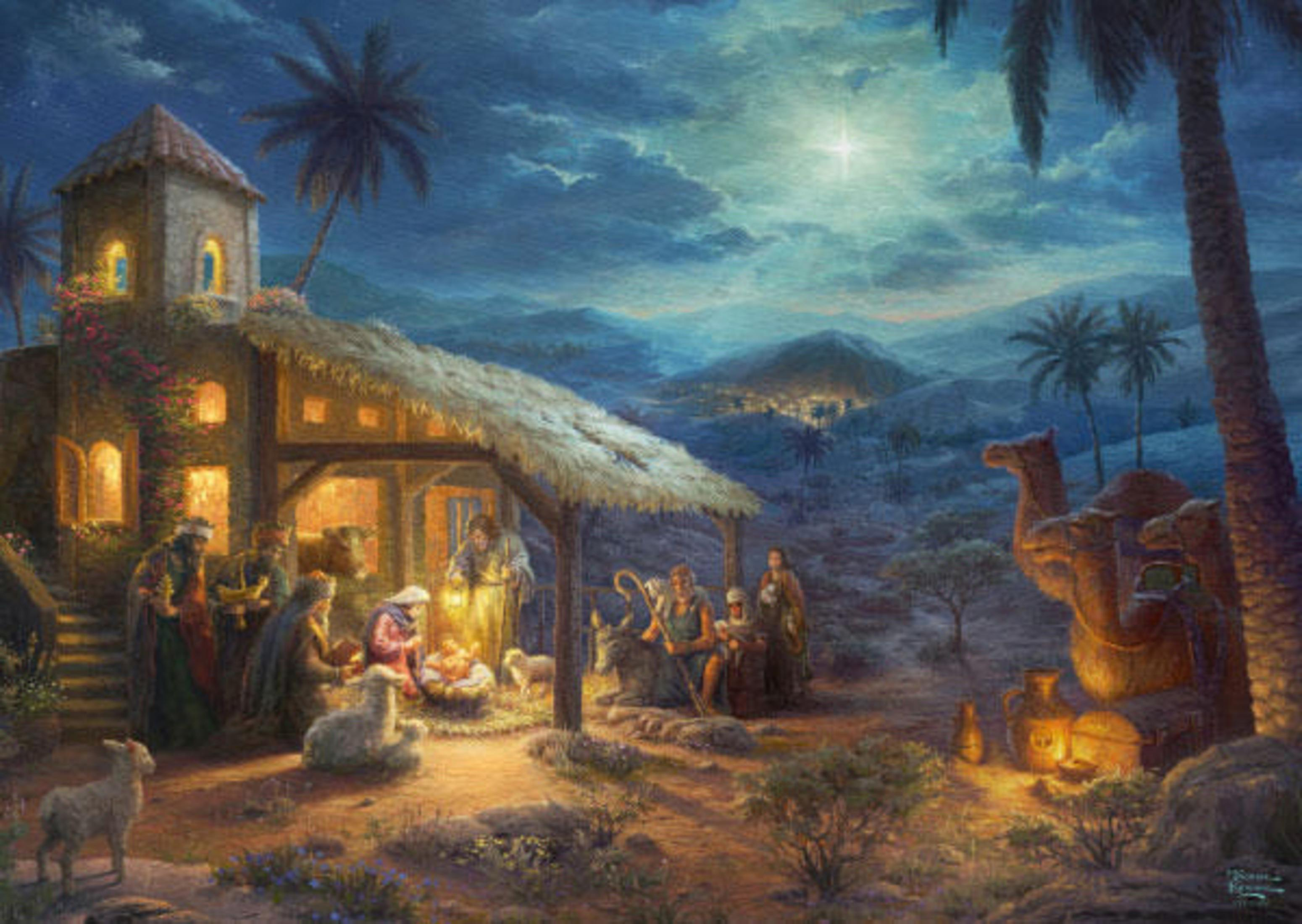 Una pintura de la escena de la Natividad, que representa a María, José, el niño Jesús y los tres reyes magos.
