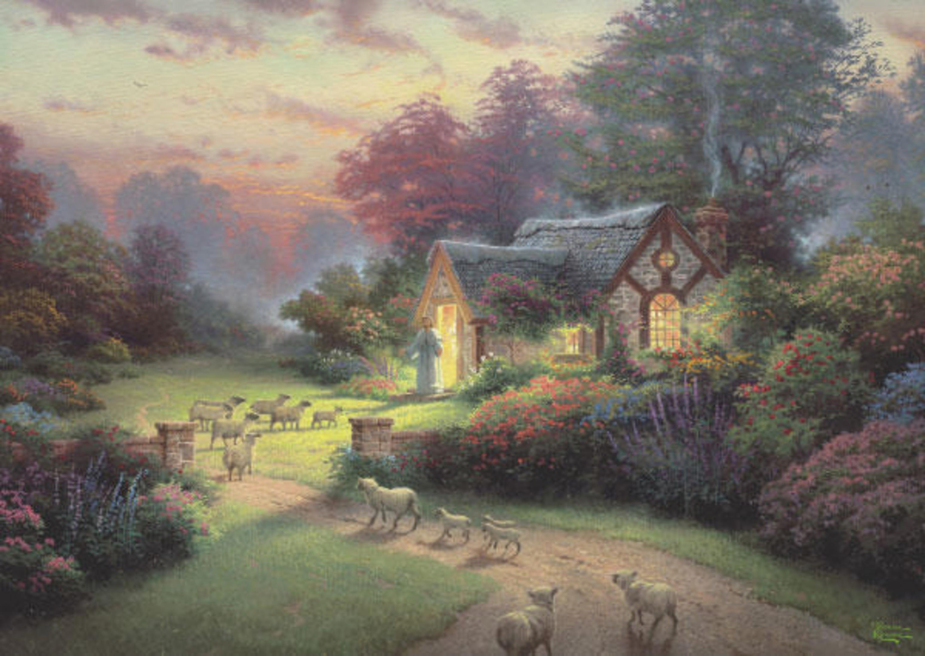 Peinture d'un cottage avec des moutons sur un chemin. Arbres, fleurs et ciel de coucher de soleil.