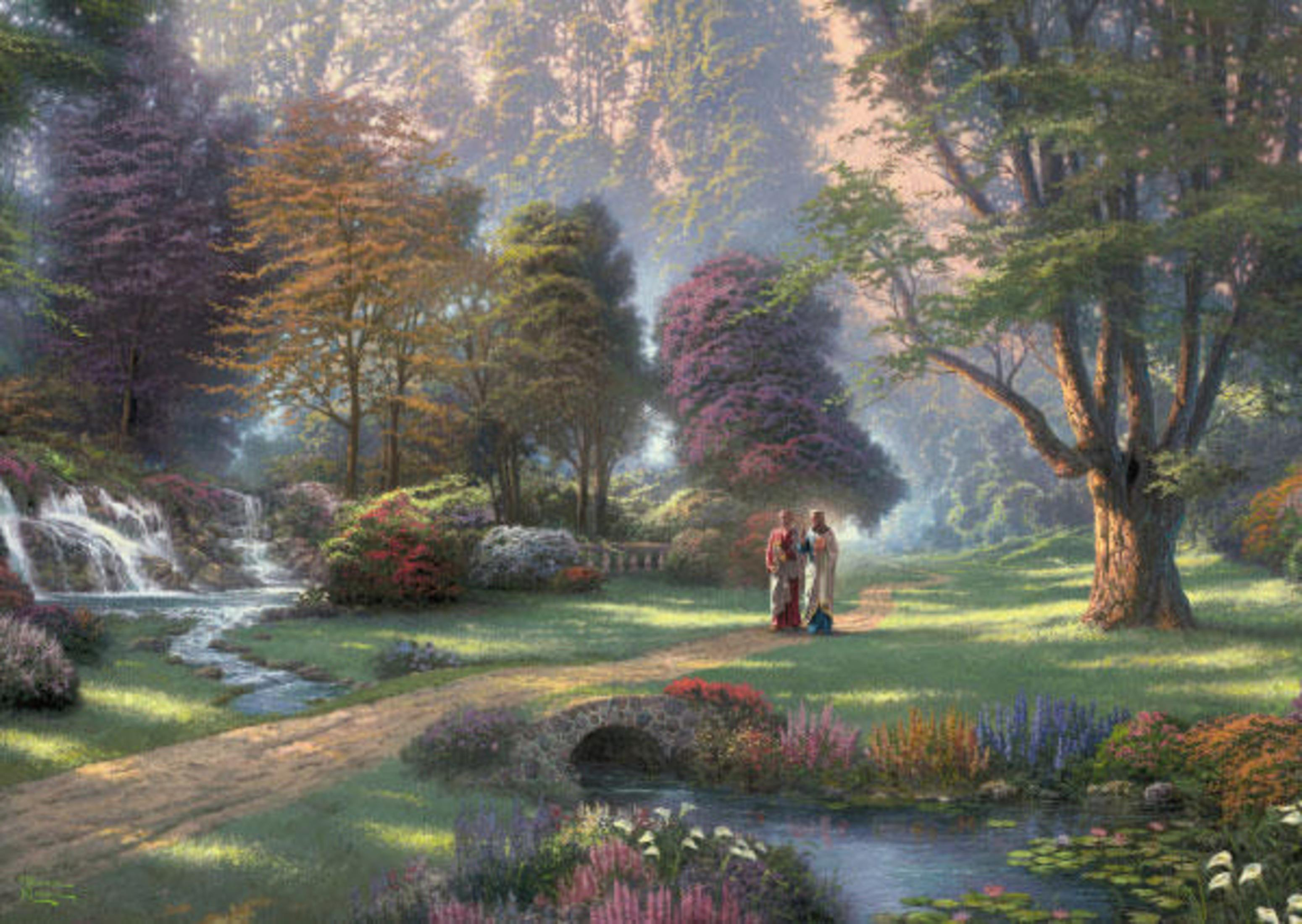 Peinture d'une scène de forêt avec un chemin, des arbres et deux personnages marchant.
