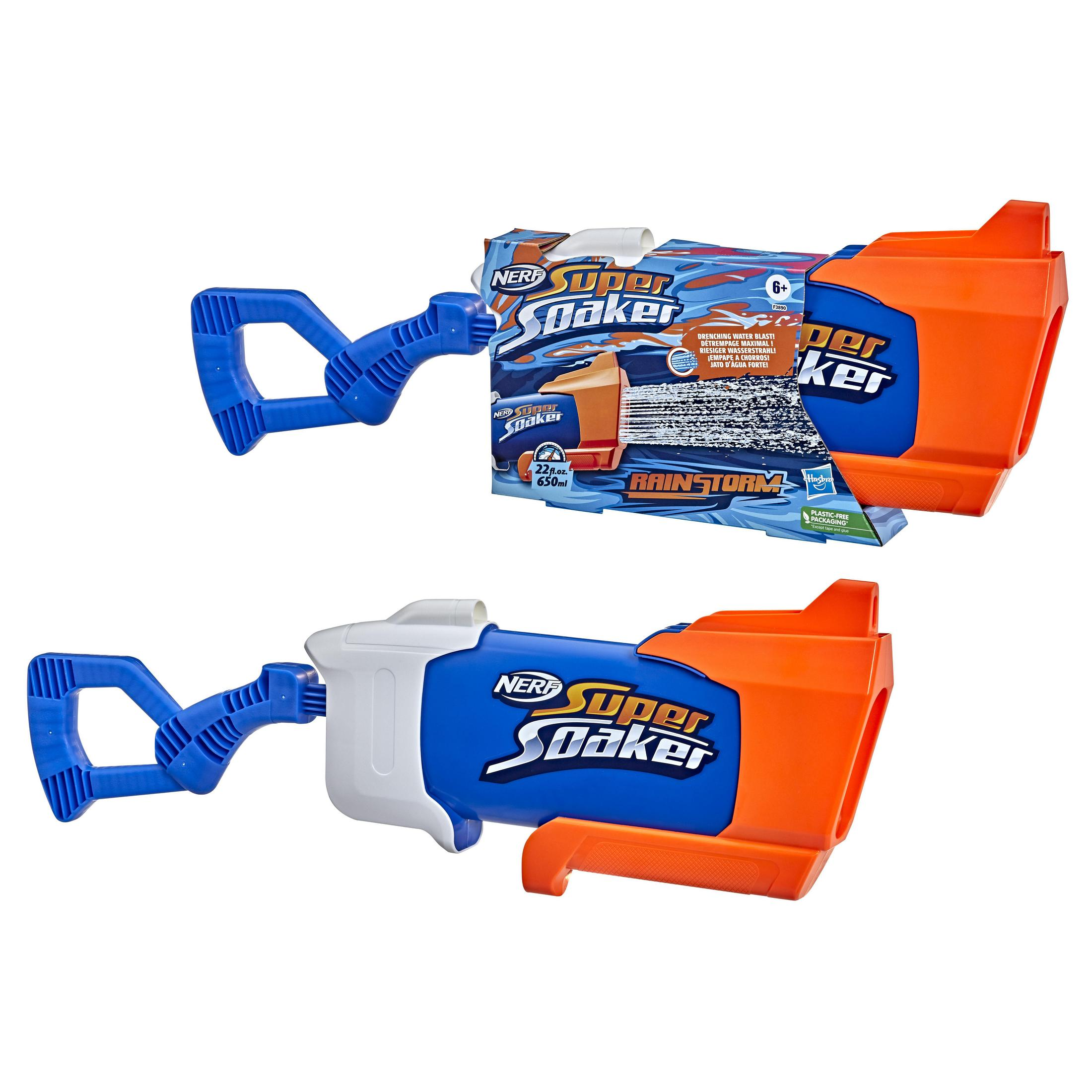 Dos pistolas de agua Nerf Super Soaker, una en embalaje, otra exhibida, con colores azul, naranja y blanco.