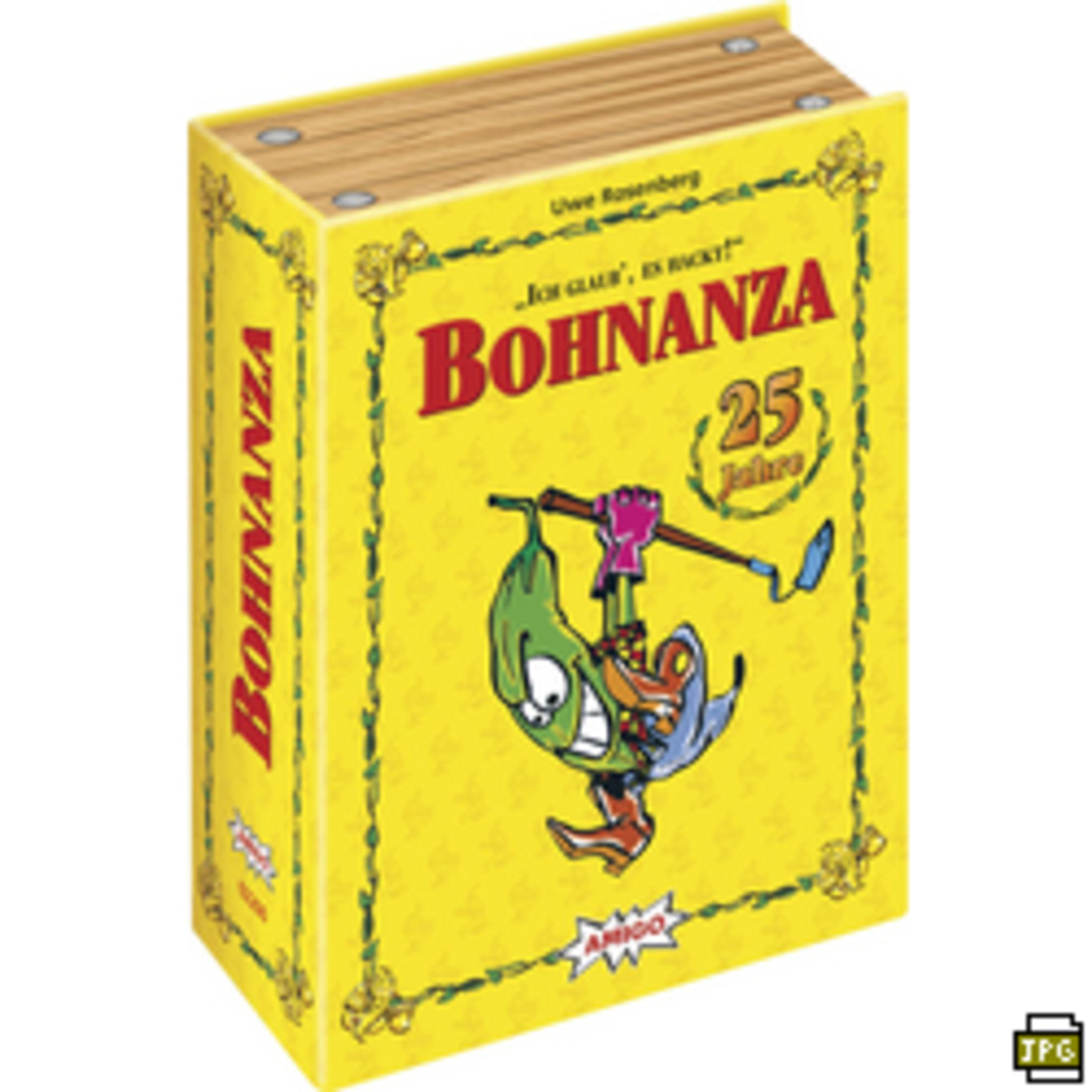 Boîte du jeu Bohnanza 25e anniversaire. Jaune, avec des graphiques de haricots et un personnage de dessin animé.