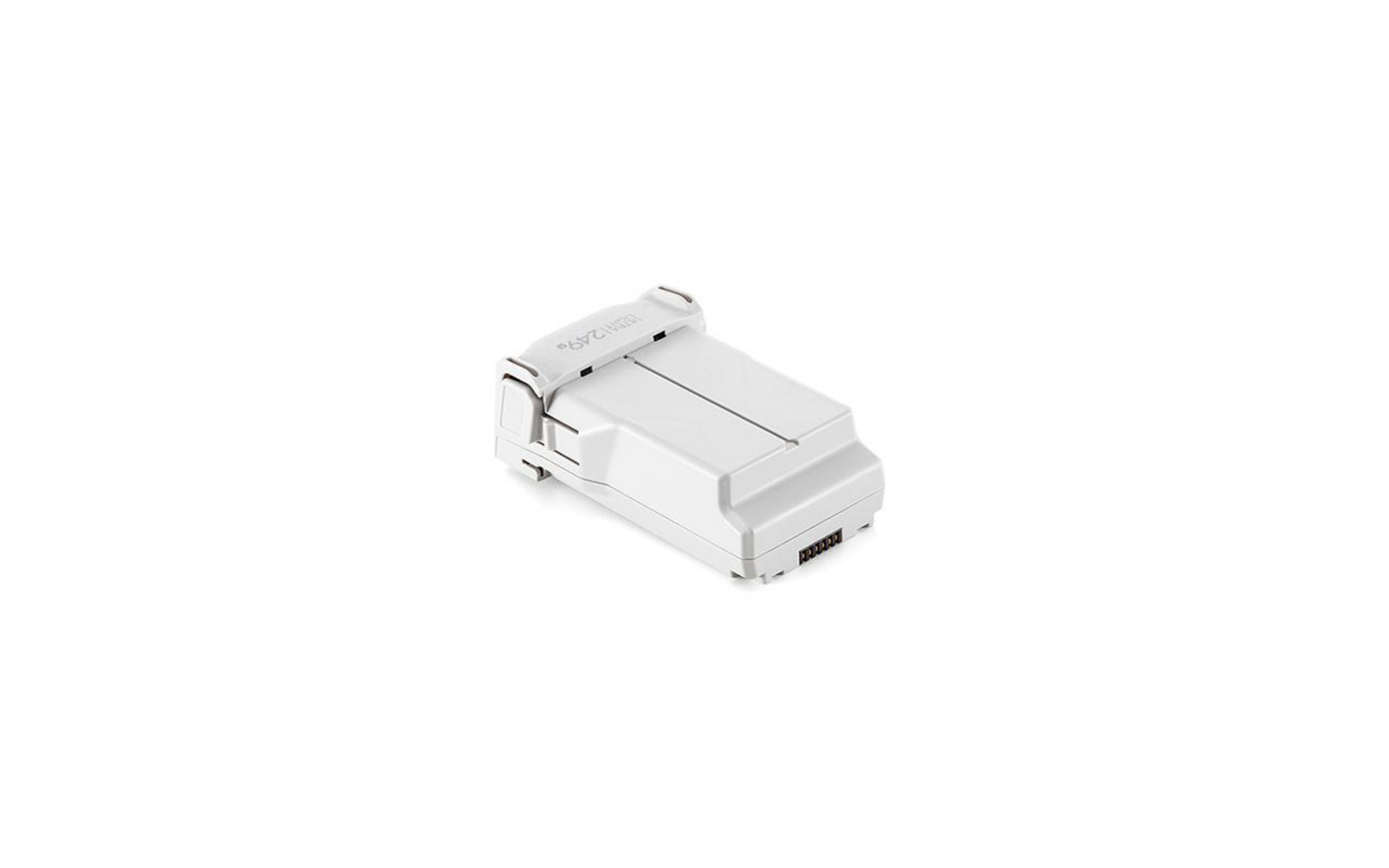 Paquete de batería de dron blanco. Forma rectangular con dos paneles. Diseño pequeño y compacto. Fondo blanco.