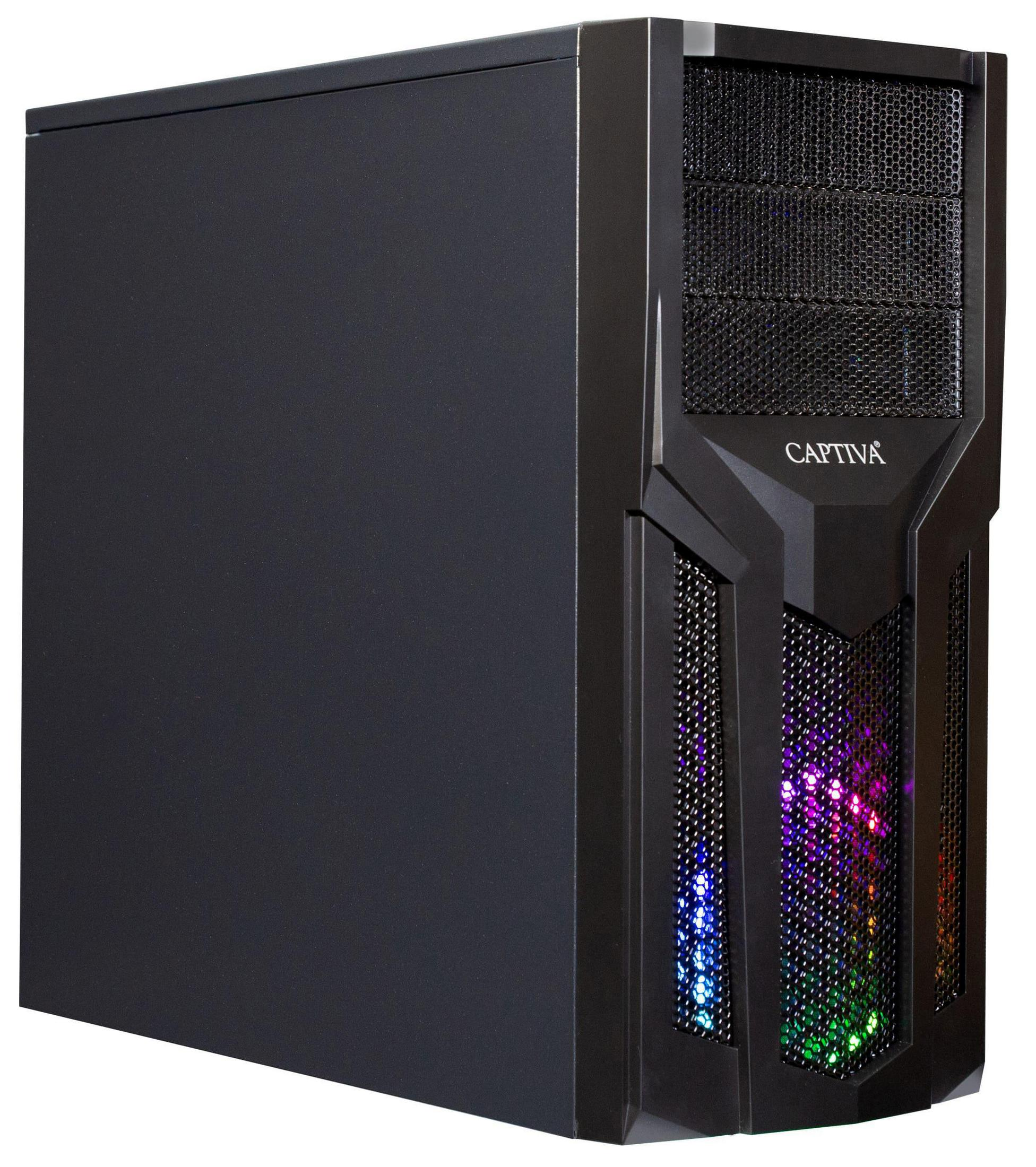 Ein schwarzes Captiva PC-Gehäuse. Es hat eine Mesh-Frontplatte und ein Captiva-Logo. Das Innere leuchtet.