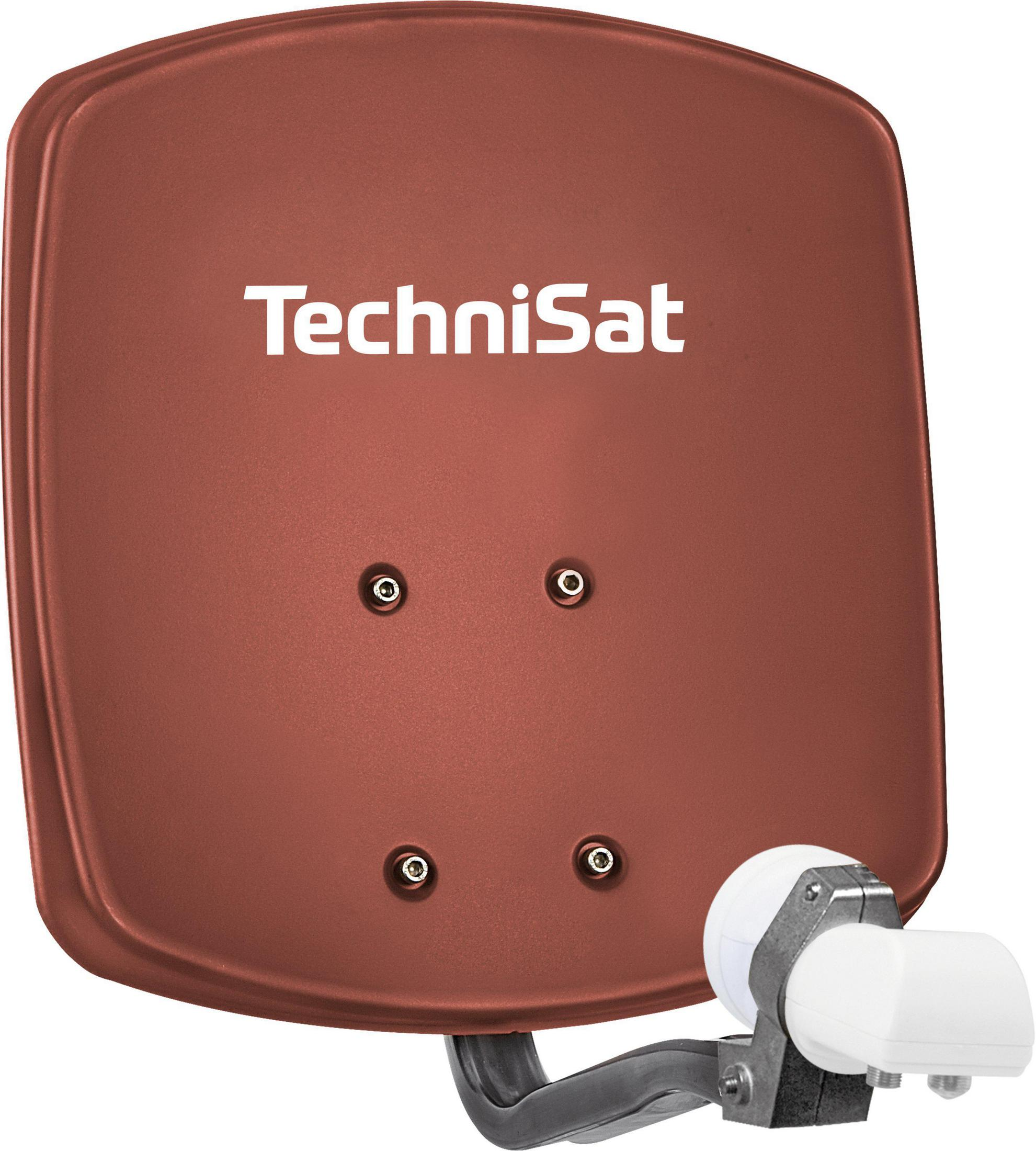 Eine braune Satellitenschüssel mit dem Logo 'TechniSat' und einem weißen LNB.