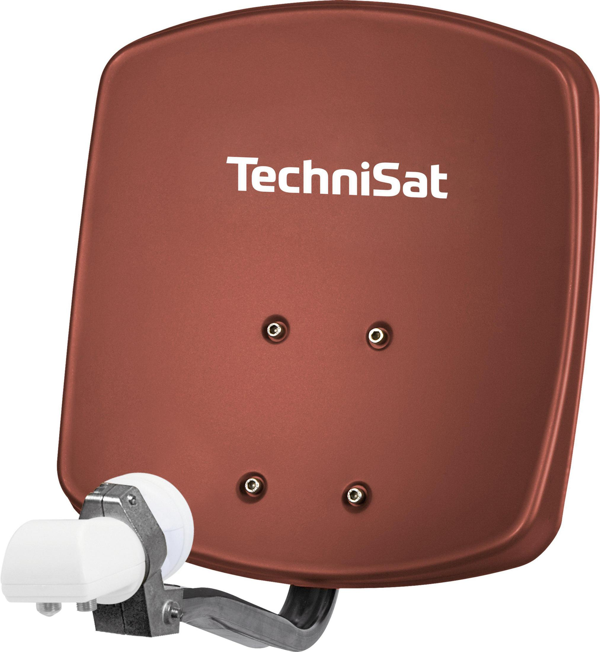 Braune Satellitenschüssel mit 'TechniSat'-Logo und Montagekomponenten.