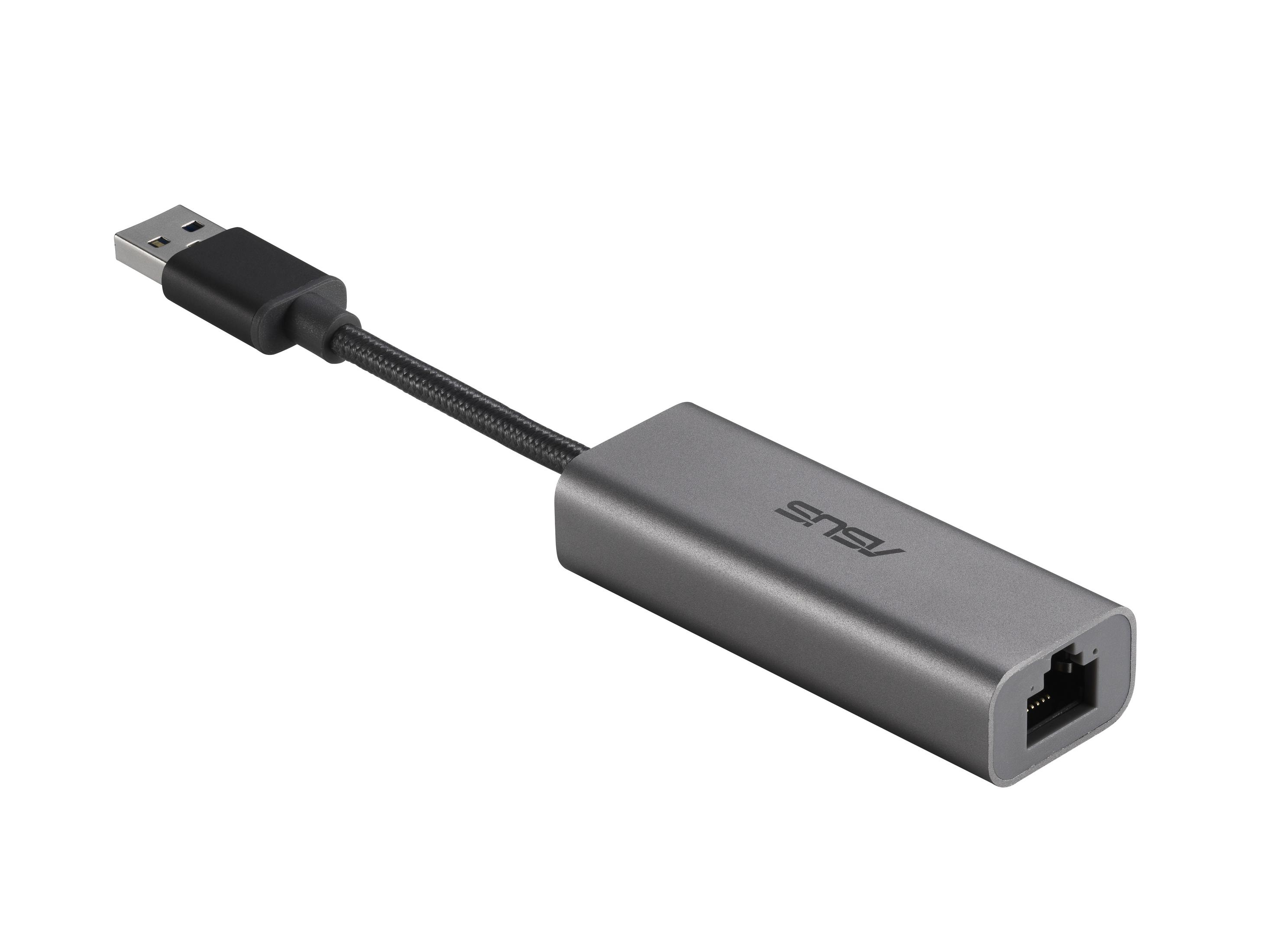 Ein grauer ASUS USB-zu-Ethernet-Adapter mit einem schwarzen Kabel und einem RJ45-Anschluss.