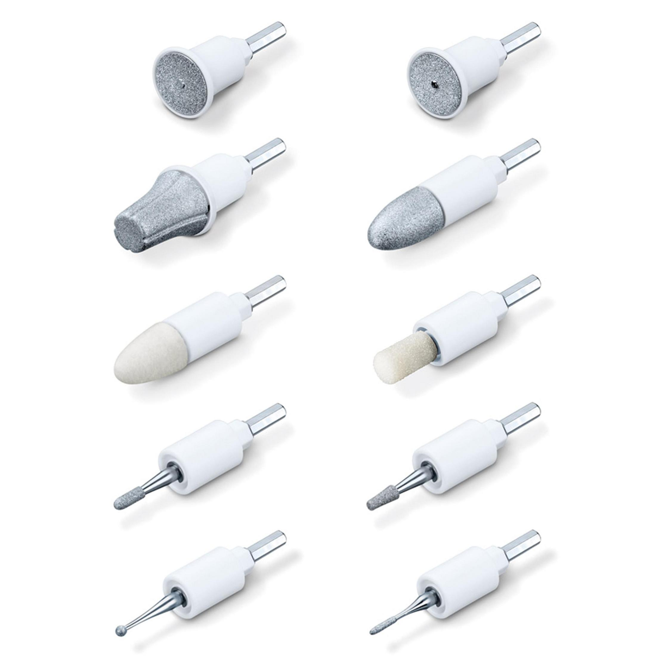 Negen witte nagelverzorgingsopzetstukken met verschillende vormen, zilveren metalen basissen.