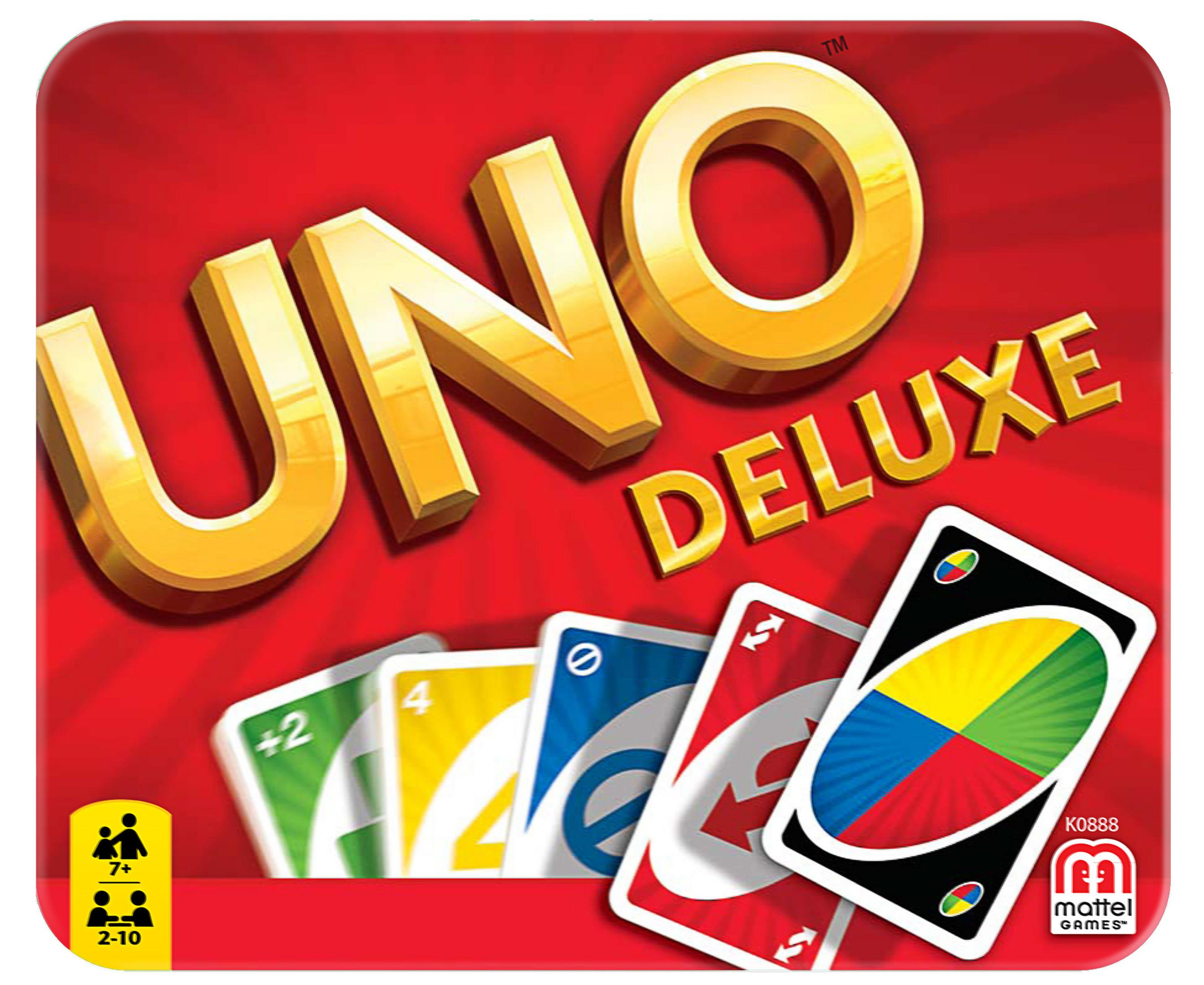 Uno Deluxe Spielbox. Rote Box, goldenes UNO-Logo, mit Karten, Spielinfo.