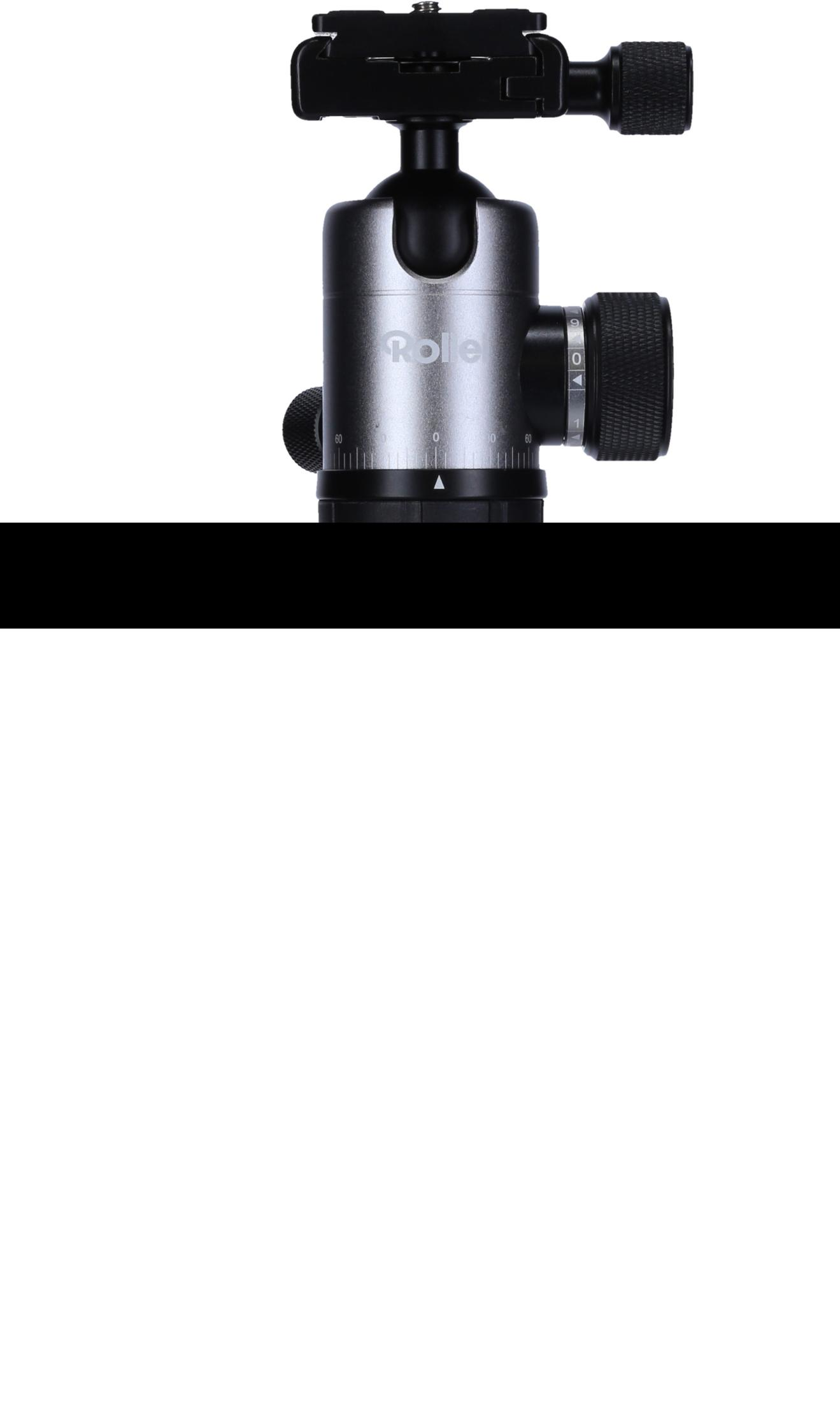 Srebrna i czarna głowica statywu na białym tle, pokazująca elementy sterujące.