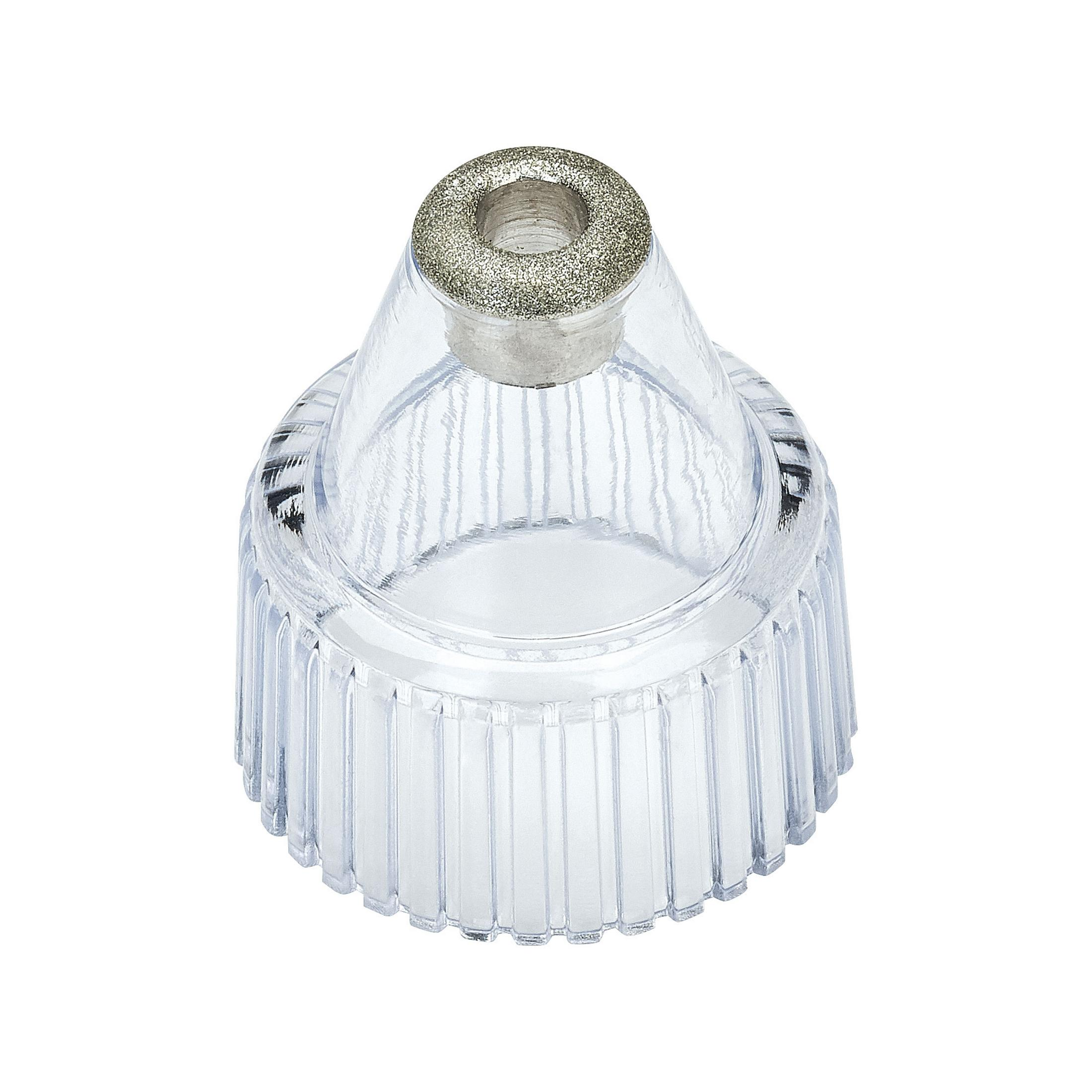 Narzędzie do usuwania zaskórników, przezroczyste, żebrowane ciało, srebrna góra, na białym tle.