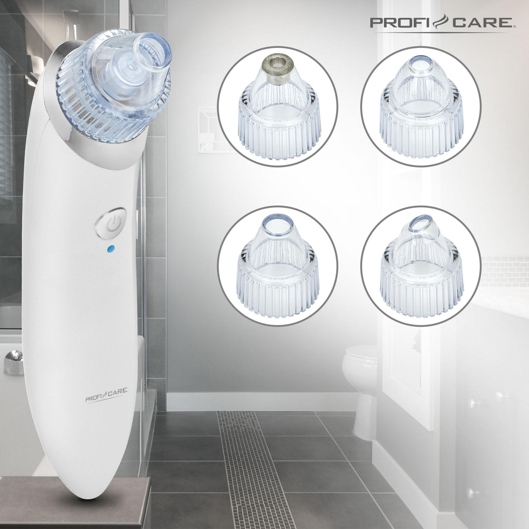 Biały odkurzacz do porów Profi Care z czterema nasadkami, na tle łazienki.