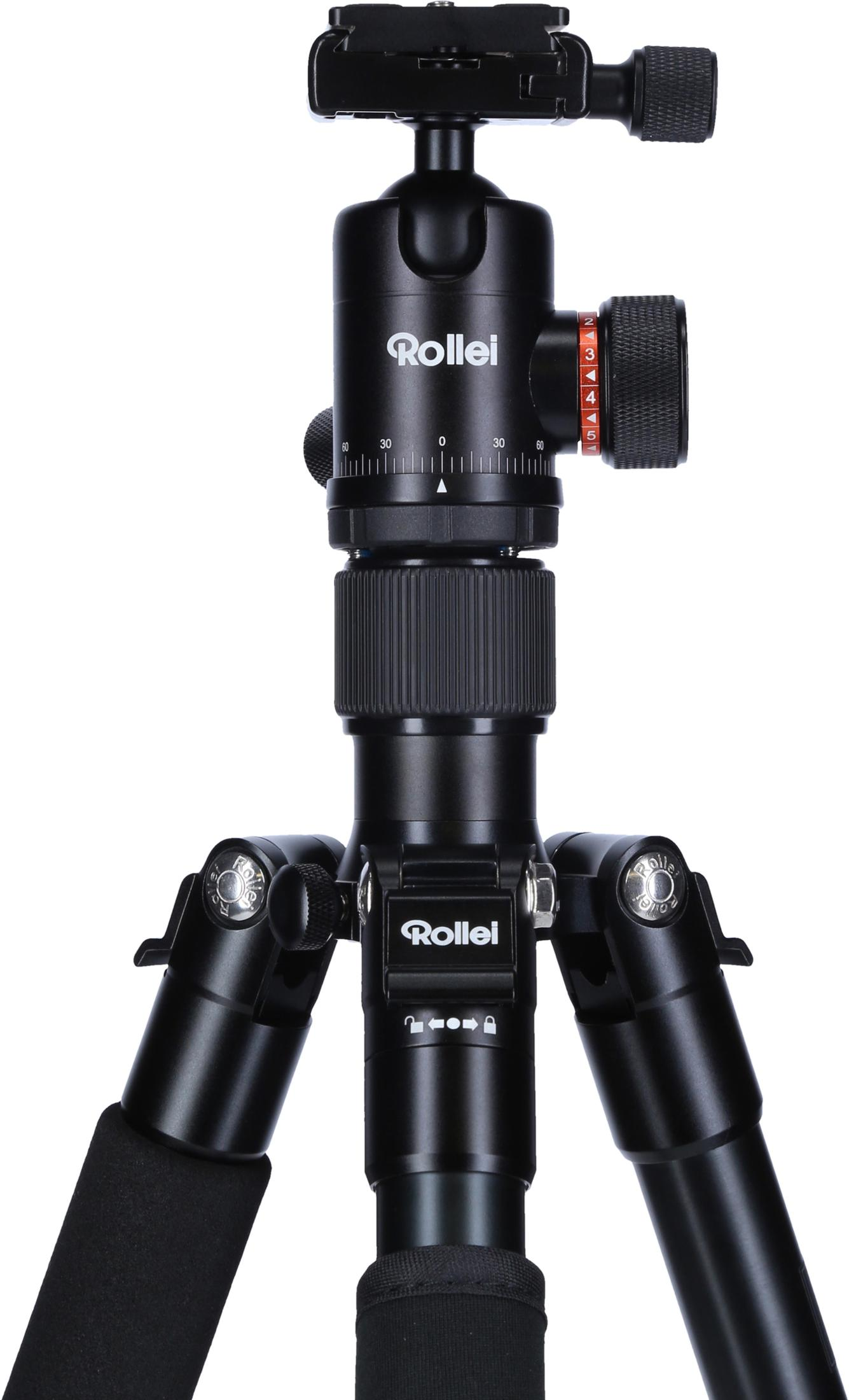 Czarny statyw z głowicą do kamery i regulowanymi nogami.