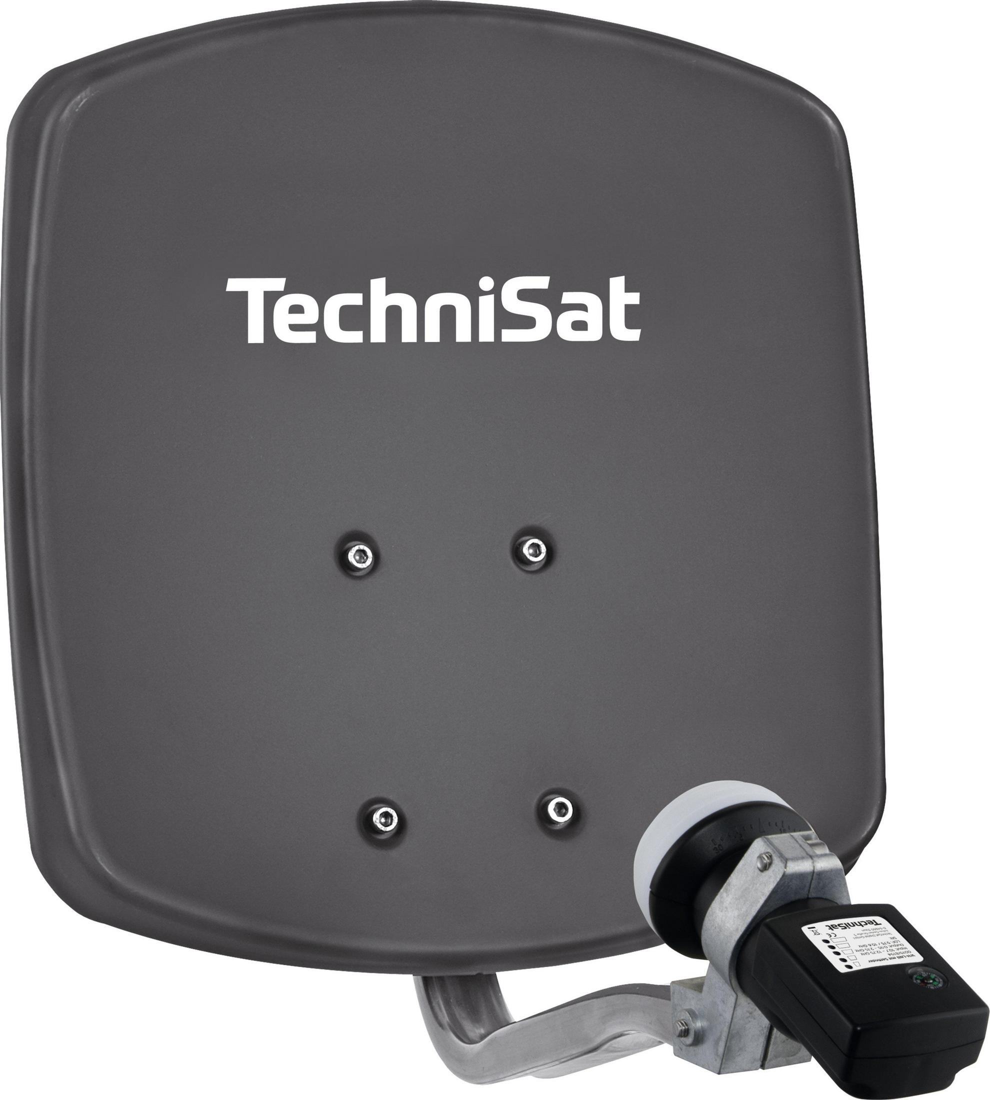 Eine dunkelgraue TechniSat-Satellitenschüssel mit Logo.