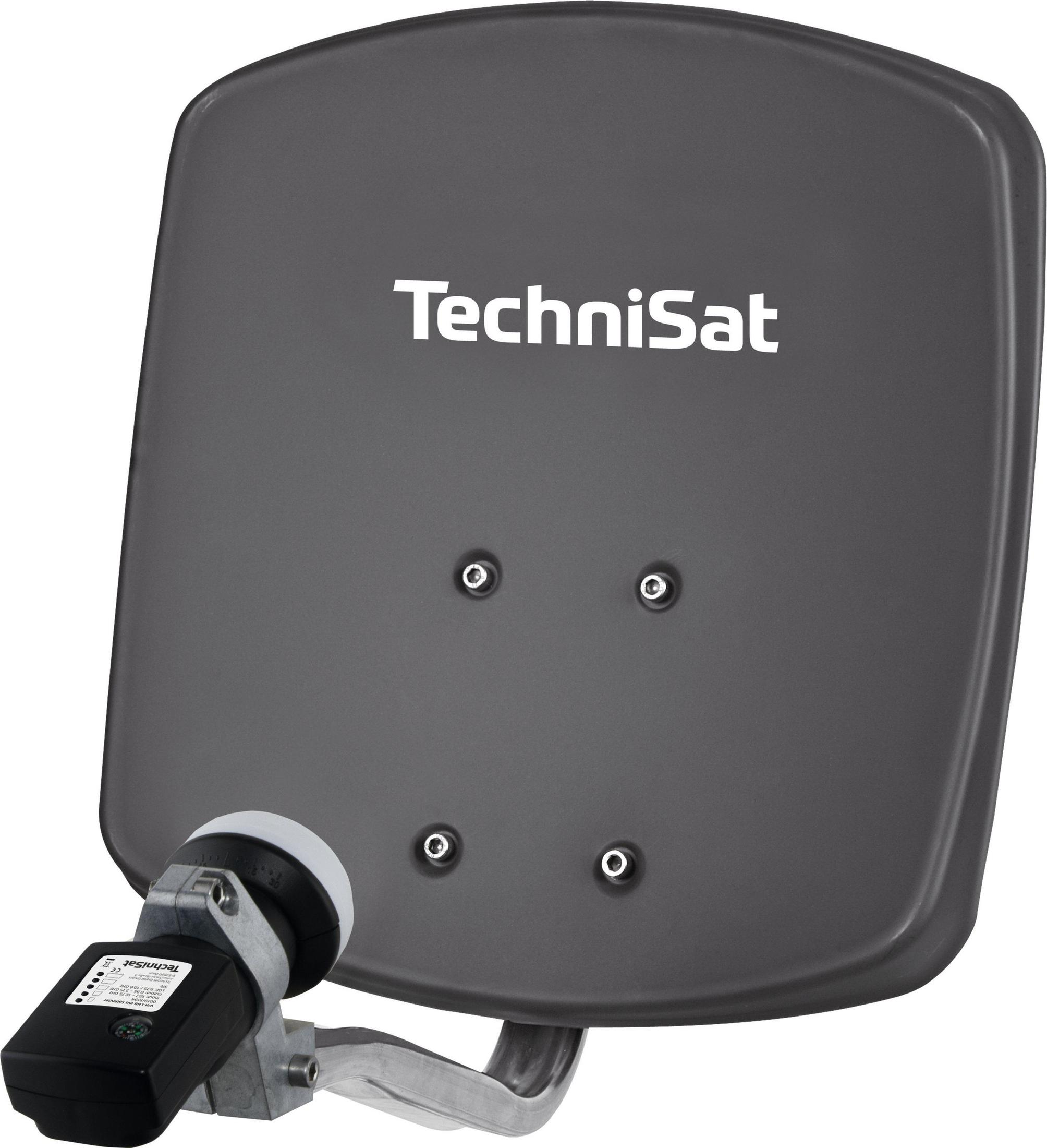 Graue TechniSat-Satellitenschüssel mit weißem Text und schwarzem LNB-Empfänger.