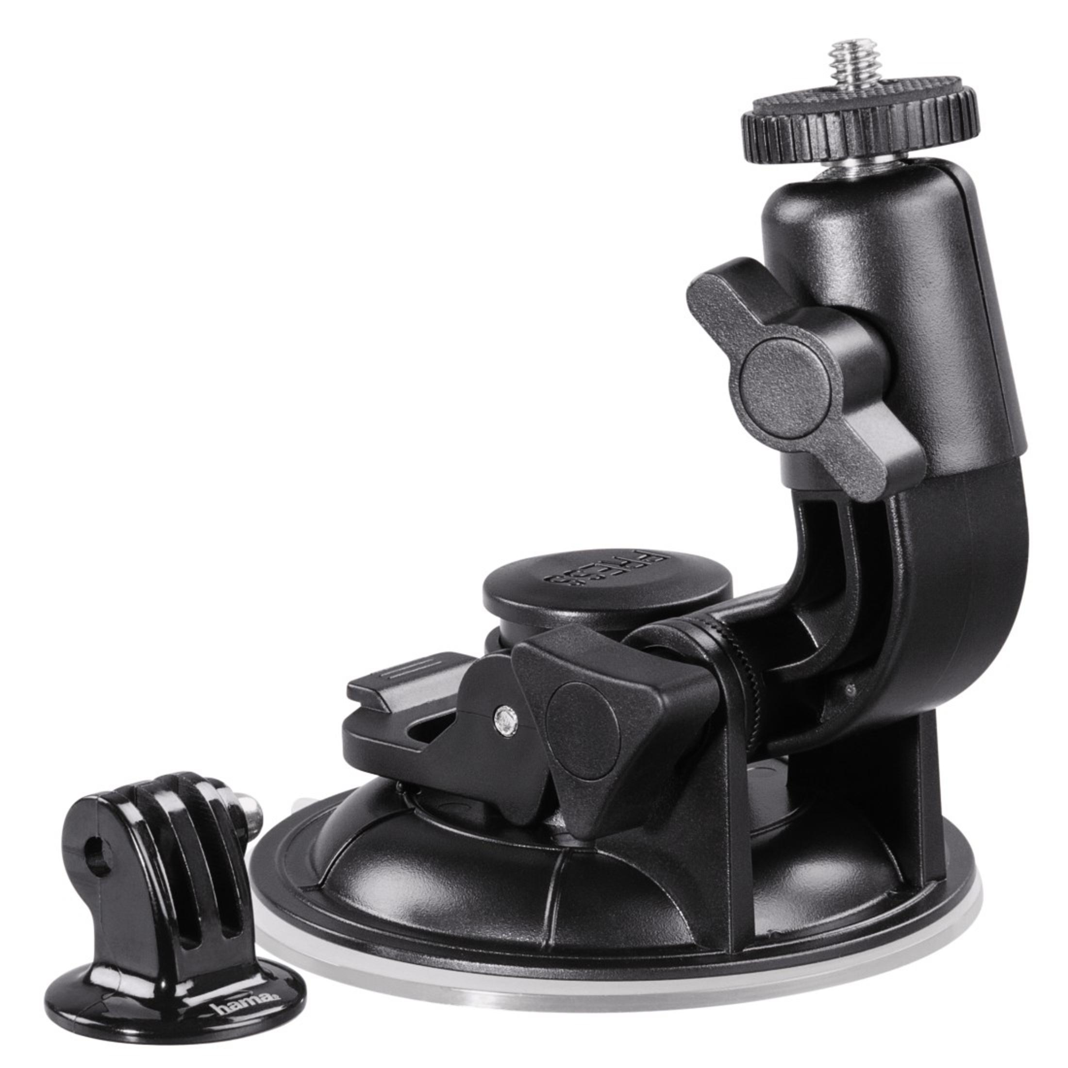 Soporte de cámara negro con ventosa y soporte GoPro adicional. Brazo ajustable y tornillo.
