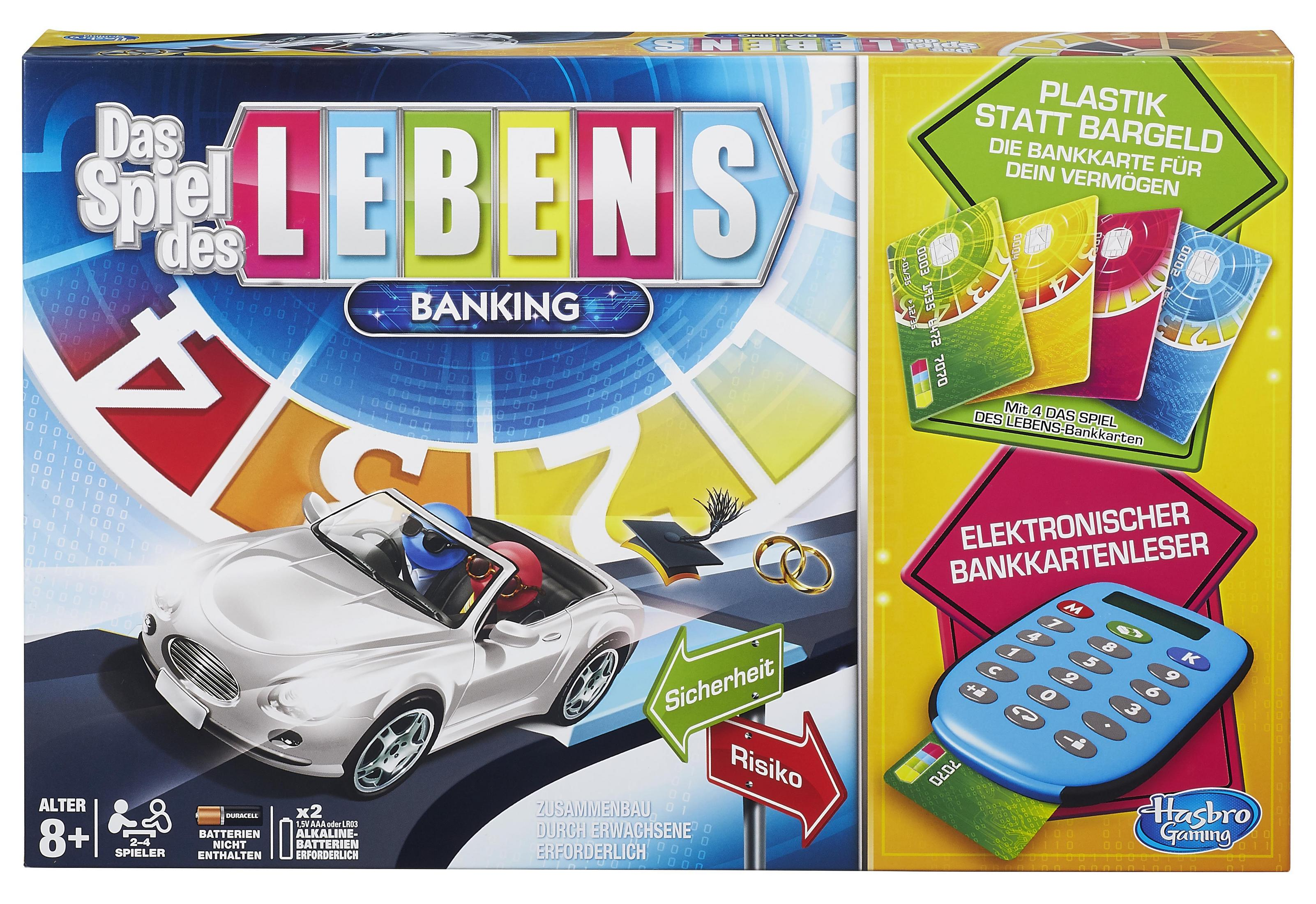 Spielbox für 'Das Spiel des Lebens', mit Autoillustration und Karten. Text auf Deutsch. Enthält Risiko, Sicherheit und Banking.