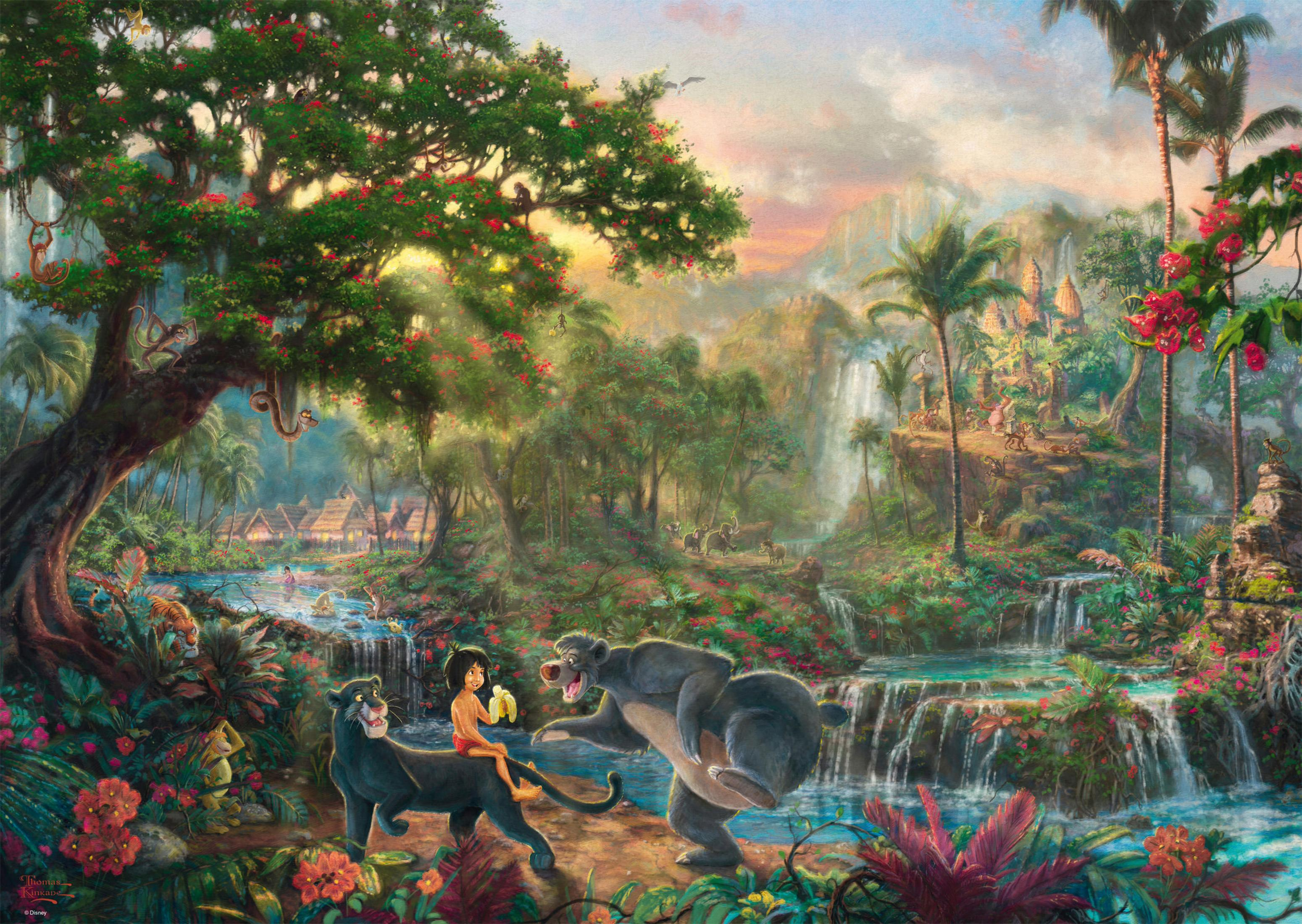 Une peinture vibrante du Livre de la Jungle, Mowgli, Baloo et Bagheera dans une jungle luxuriante.