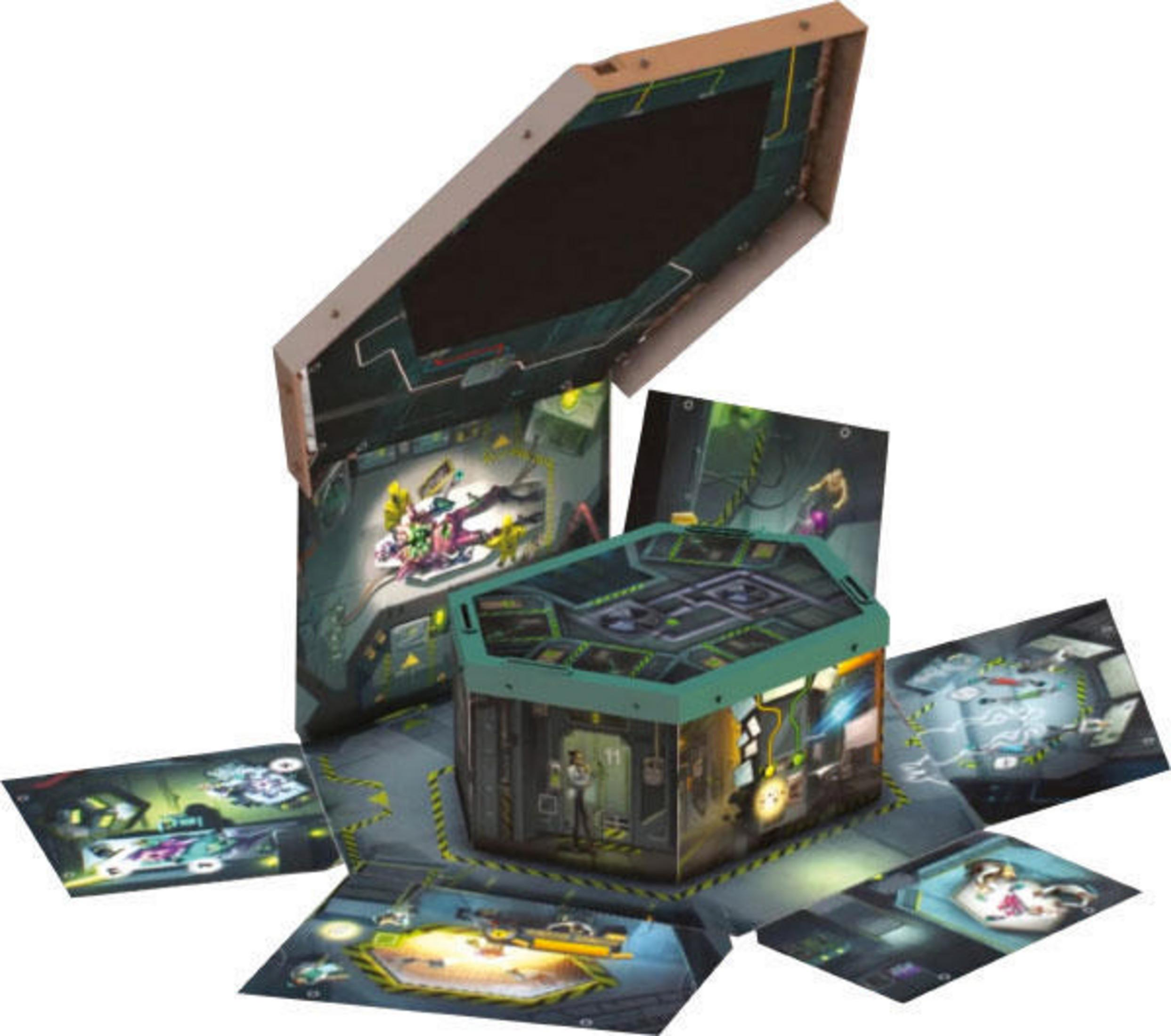 Geöffnete Brettspielbox, die Spielteile und eine detaillierte Innenszene zeigt.