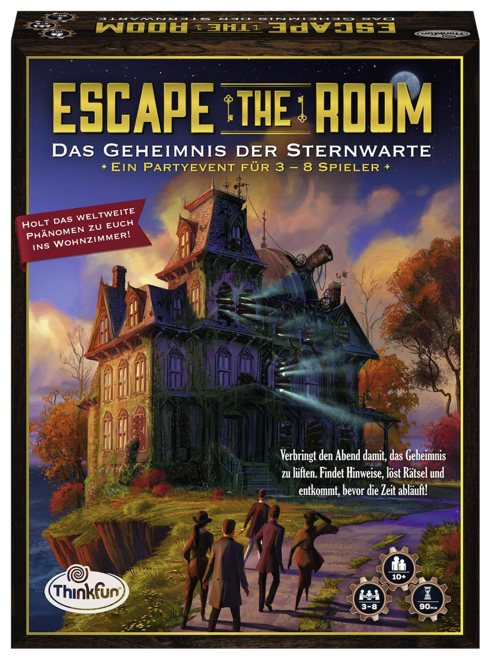 Caja del juego de mesa Escape the Room. Se muestra una casa espeluznante, con figuras en primer plano.