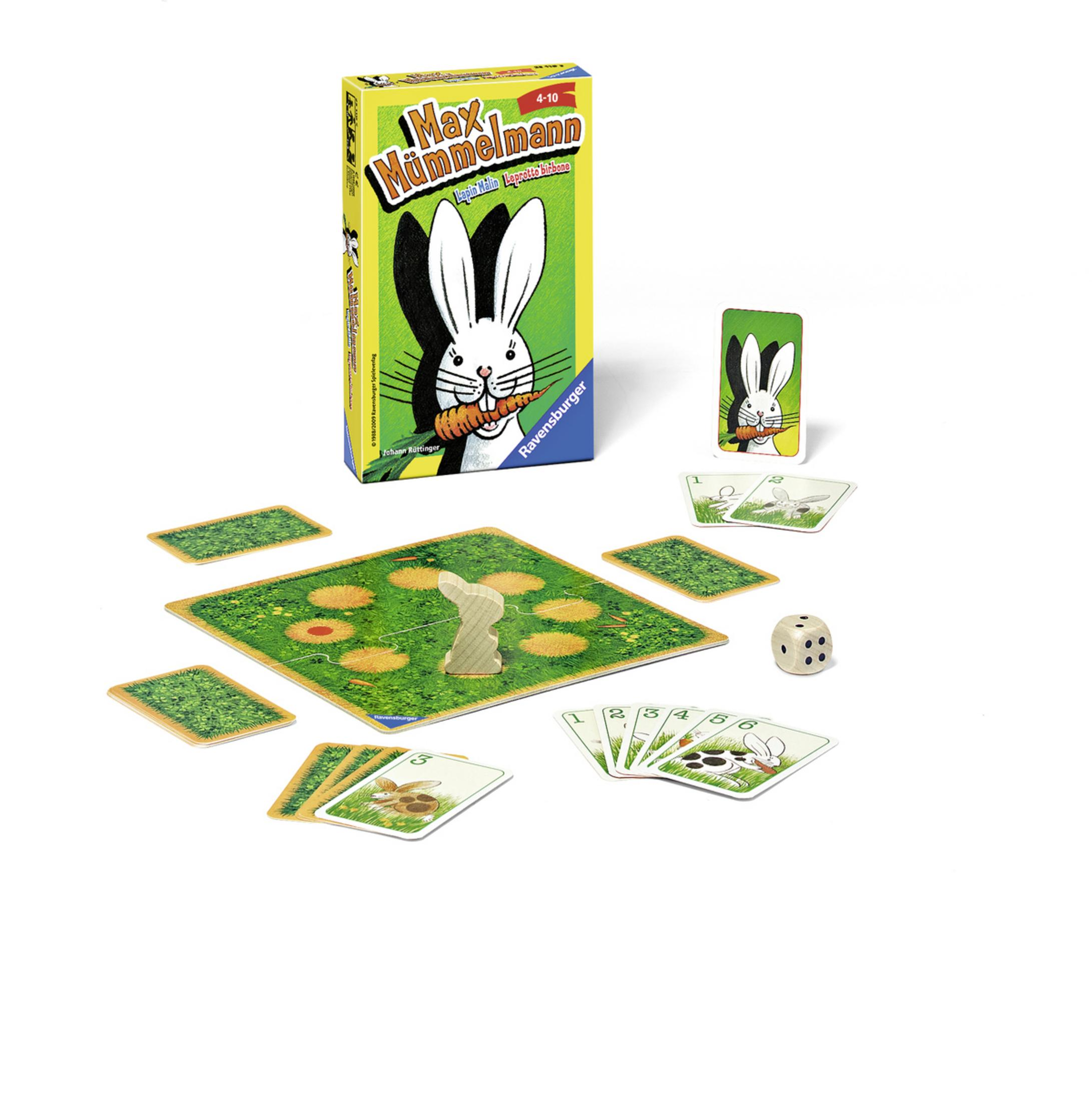Max Hummelmann Spielbox mit Hase und Karotte. Spielteile sind Karten, Würfel und ein Spielbrett.