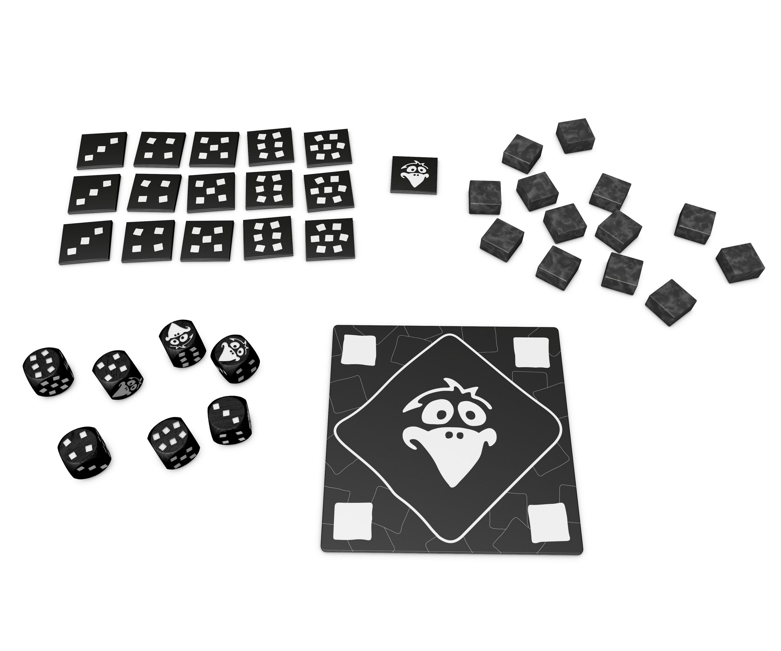 Componenti di gioco: dadi, tessere e un elemento centrale del tabellone con un'aquila.
