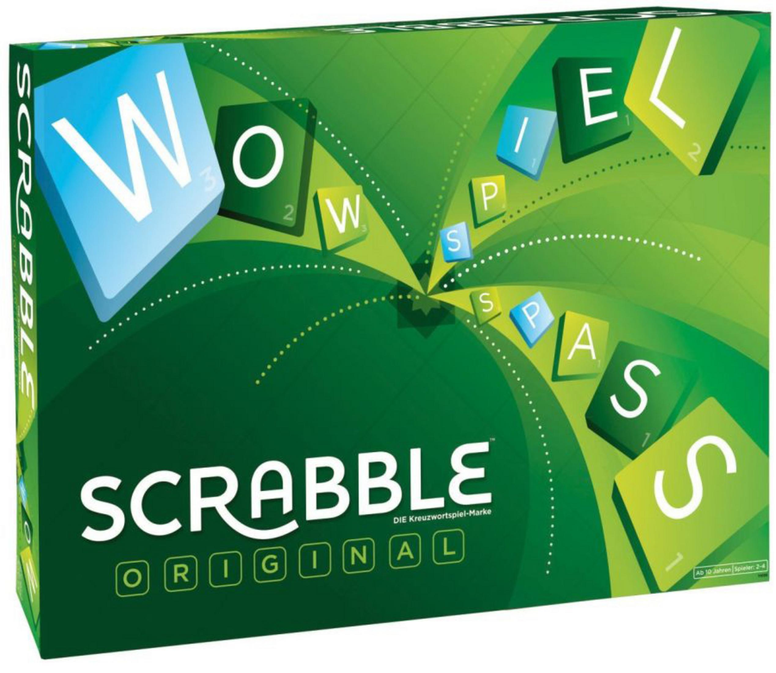 Scrabble Brettspielbox, grüner Hintergrund, das Wort 'SCRABBLE' wird mit Spielsteinen angezeigt.