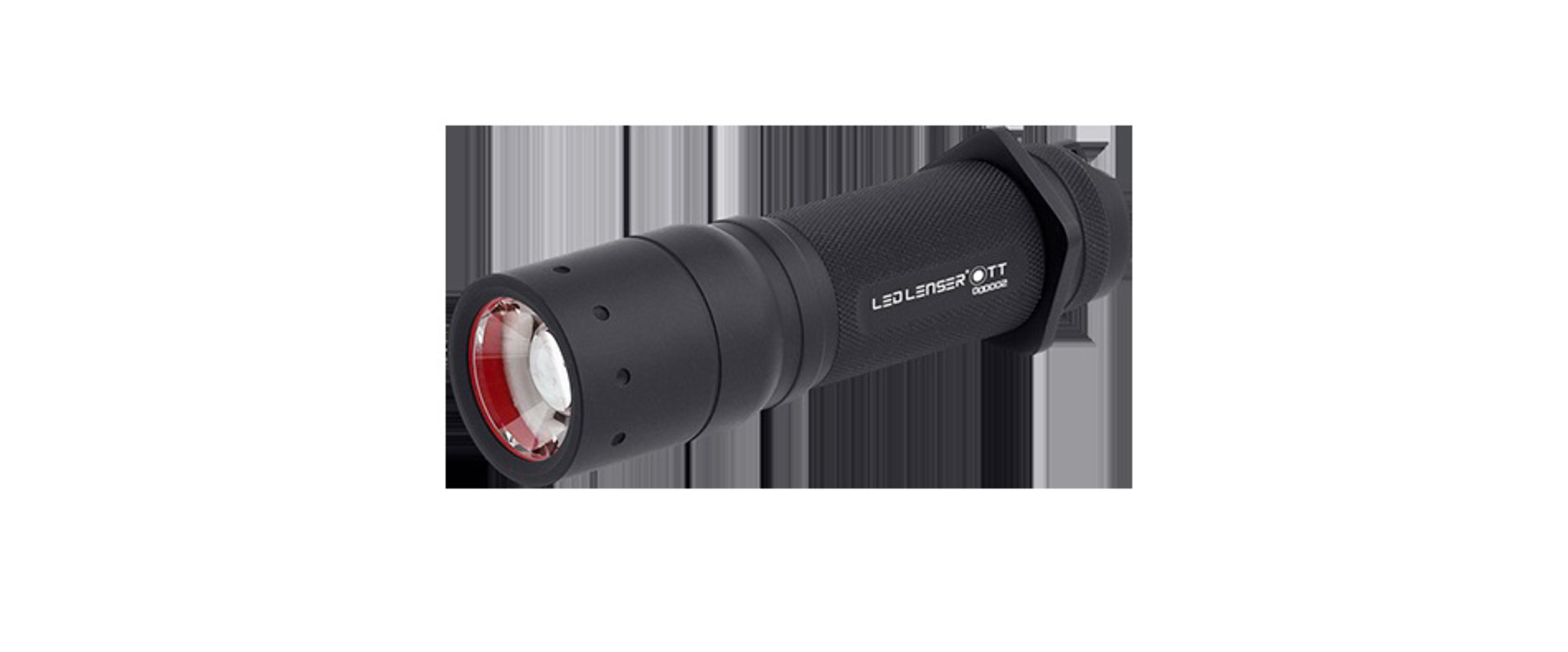 Czarna latarka LED Lenser, pod kątem, na lekko rozmytym tle.