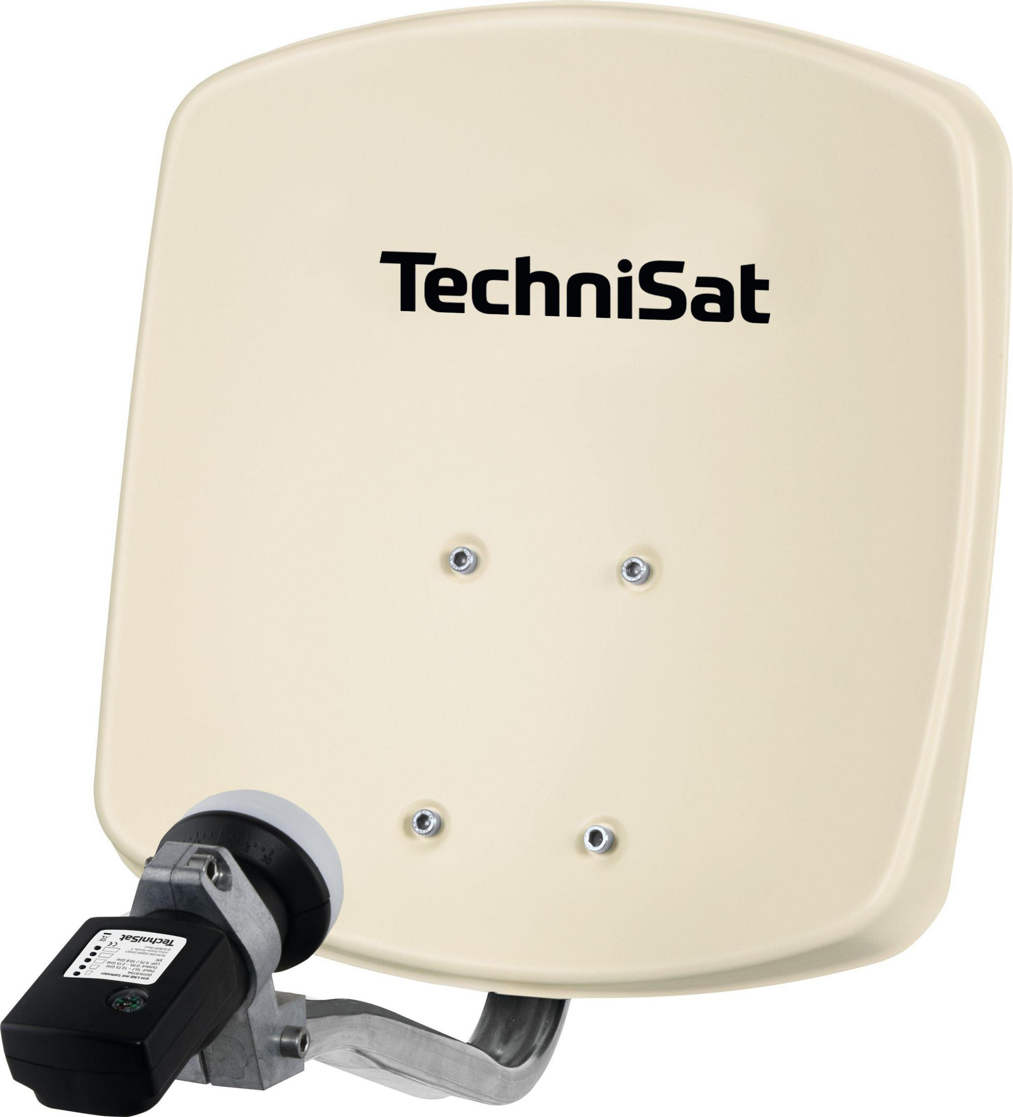 Eine weiße TechniSat-Satellitenschüssel mit dem TechniSat-Logo und sichtbarer Montagehardware.