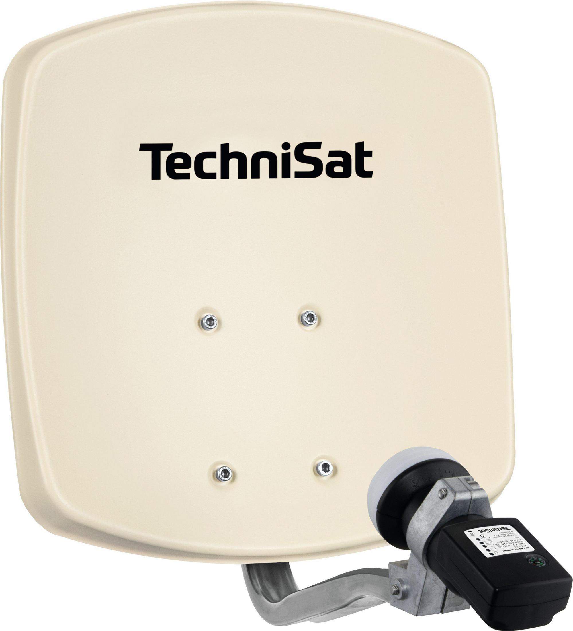 Cremefarbene TechniSat Satellitenschüssel mit schwarzem LNB.