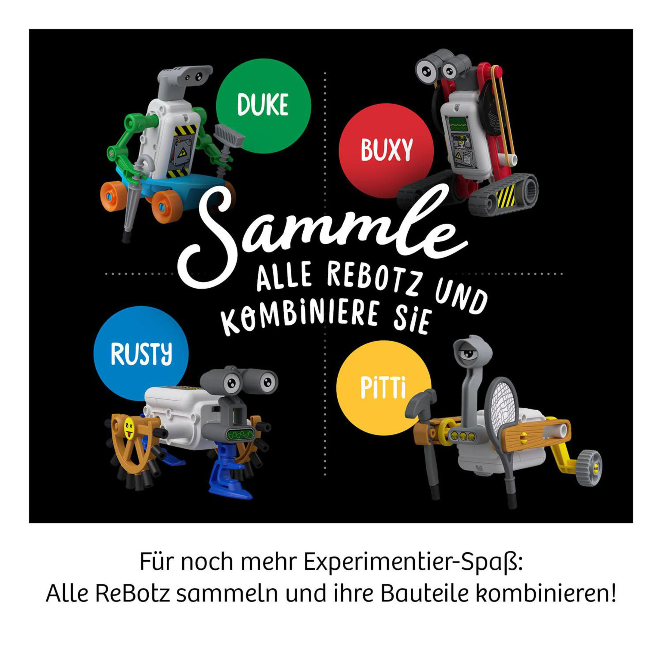 Quatre robots jouets avec des noms et le texte « Collectionnez tous les ReBotz et combinez-les ! » en allemand.