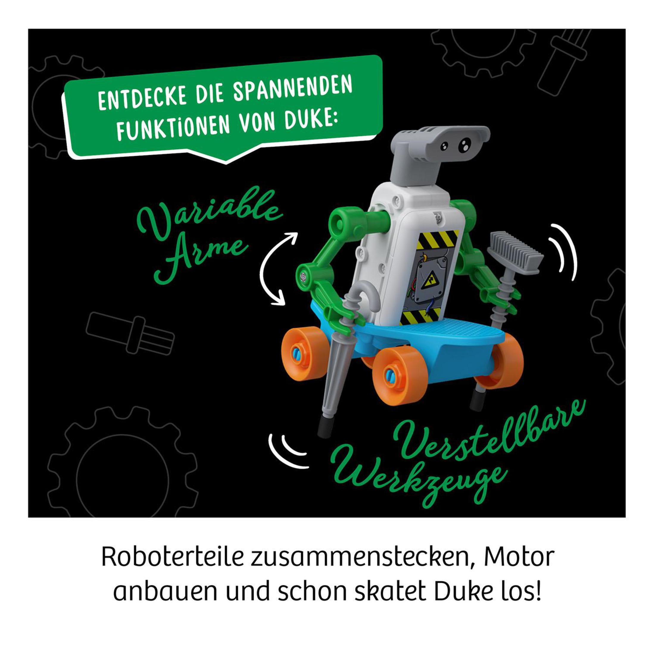 Un robot jouet avec des bras et des outils variables. Il est sur une base bleue avec des roues oranges.