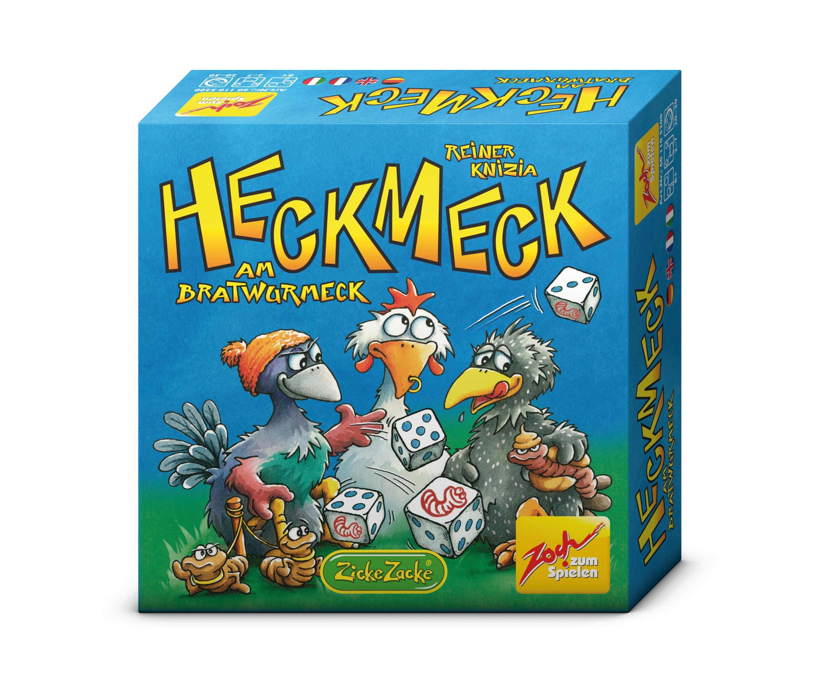 Heckmeck am Bratwurmeck Box, mit Würfeln und Hühnern.