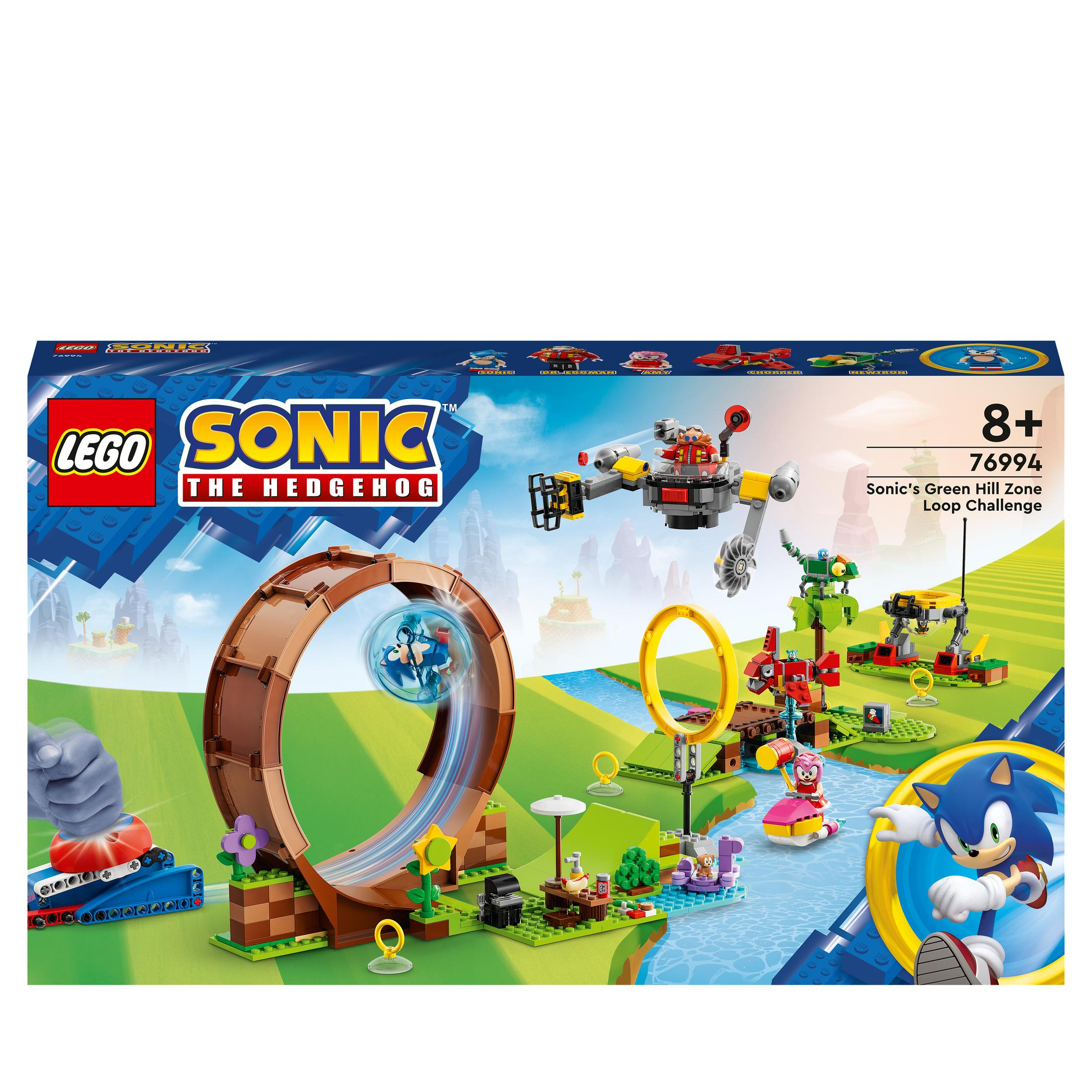 Lego Sonic the Hedgehog-Set-Box. Zeigt Sonic und Freunde in einer bunten Umgebung.