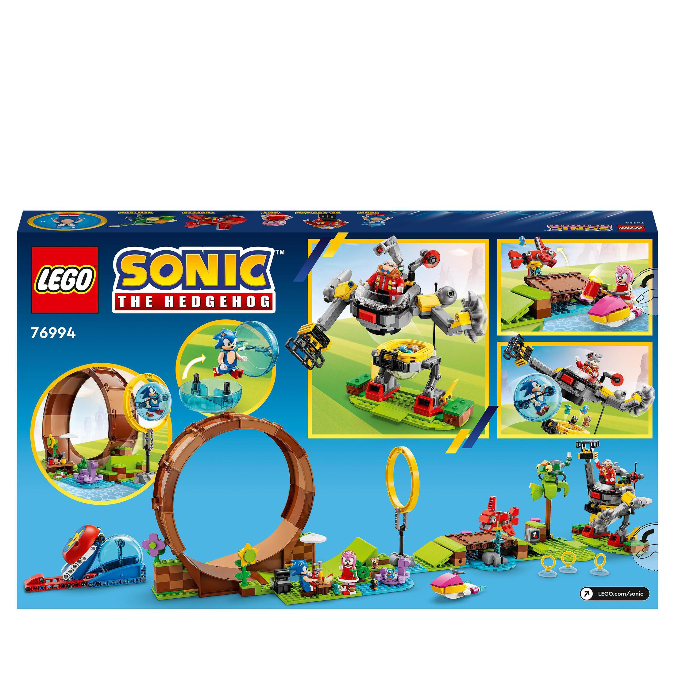 Lego Sonic the Hedgehog Set-Box mit Figuren, Ringen und Zubehör.