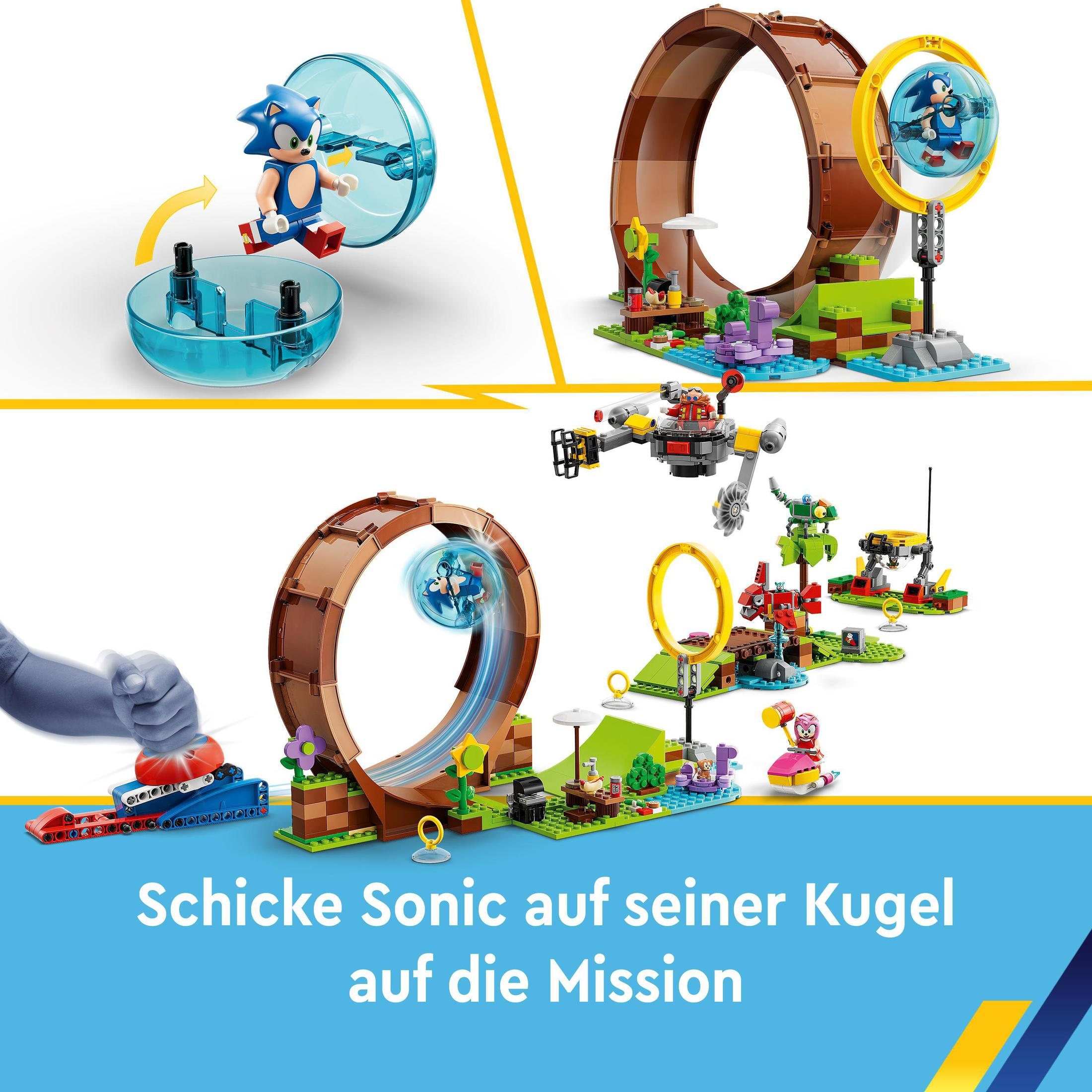 Ein Lego Sonic-Set. Es zeigt Sonic auf einem Ball, einer Schleife und andere Figuren und Strukturen.