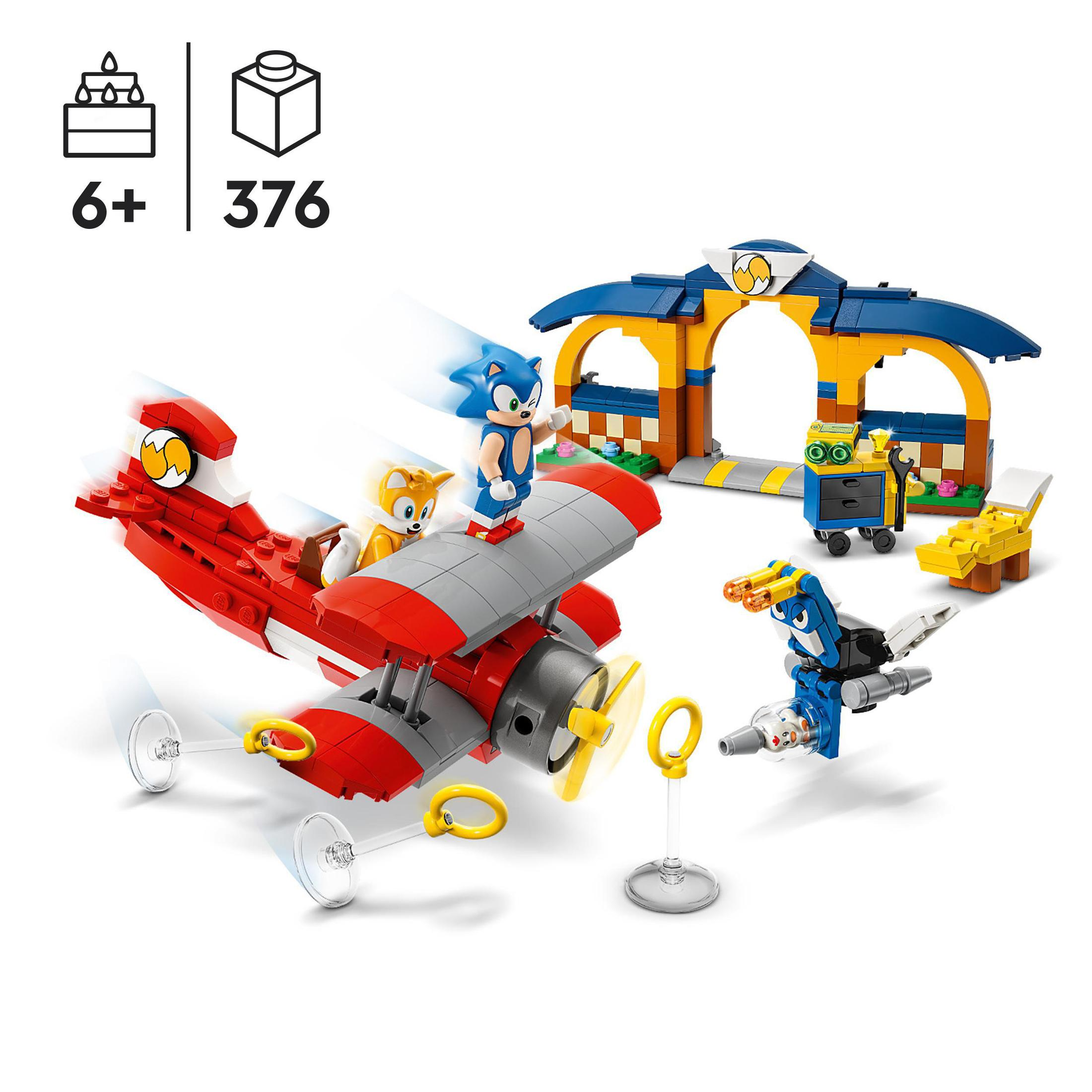 Lego-Set mit Sonic, Tails und einem Flugzeug. Gebäude und Zubehör. Weißer Hintergrund.