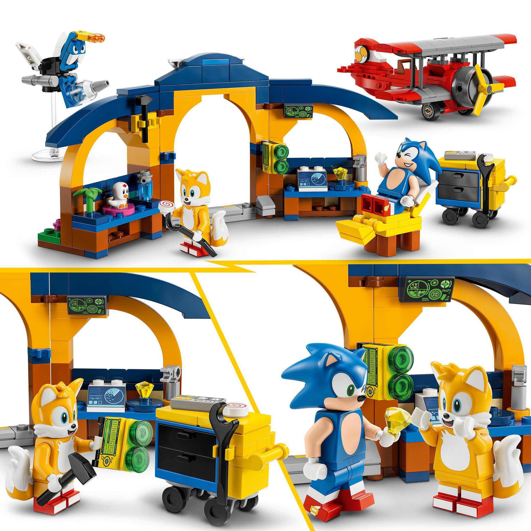Lego Sonic the Hedgehog Set mit Figuren, Strukturen, Sonic, Tails und einer Werkstatteinstellung.