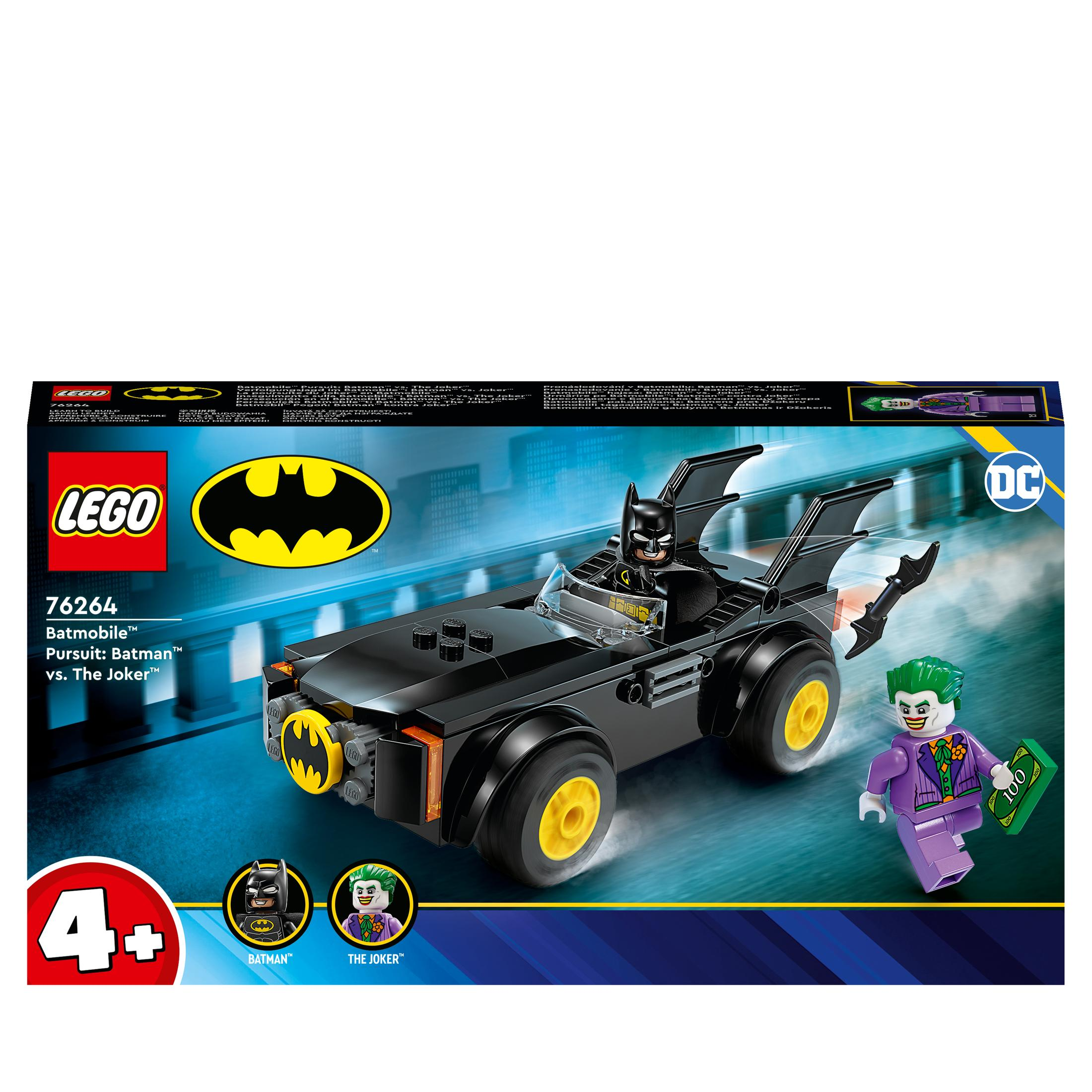 Lego-Box-Set mit Batman-Auto, Batman- und Joker-Figuren und blauem Hintergrund.