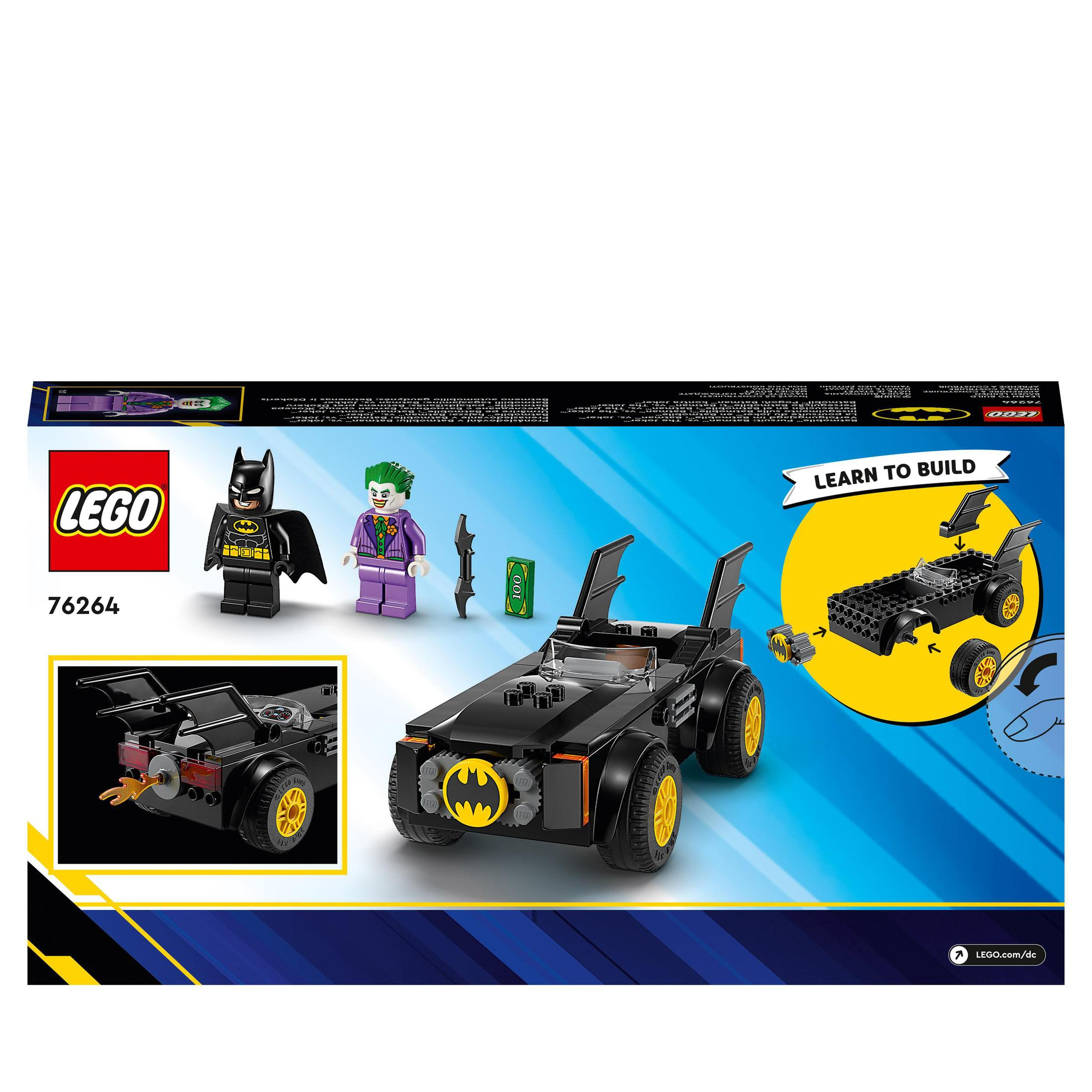Eine Lego-Box zeigt Batman, den Joker, das Batmobil und Zubehör.