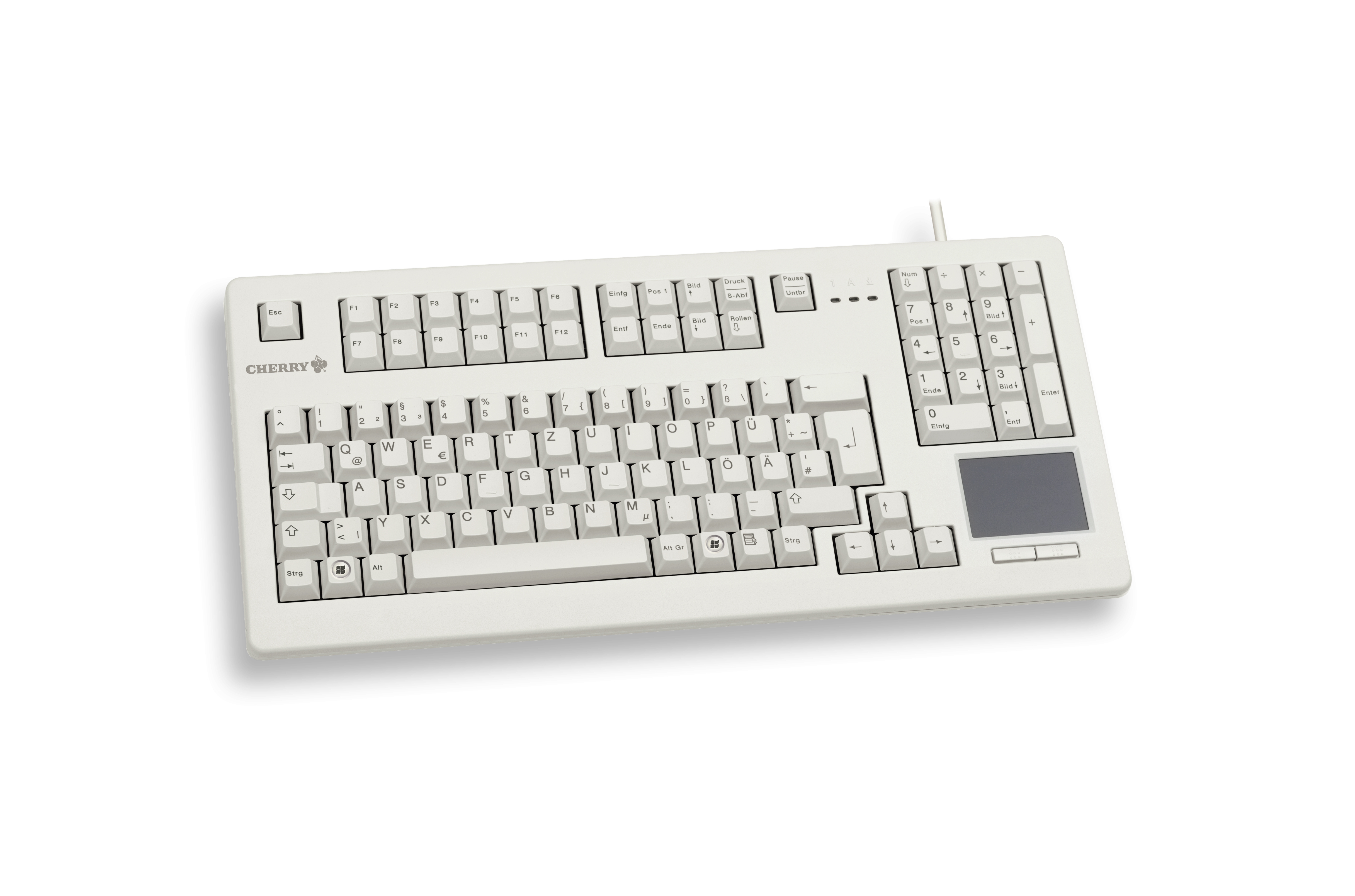 Weiße Tastatur mit grauem Touchpad und weißen Tasten, Draufsicht, weißer Hintergrund.