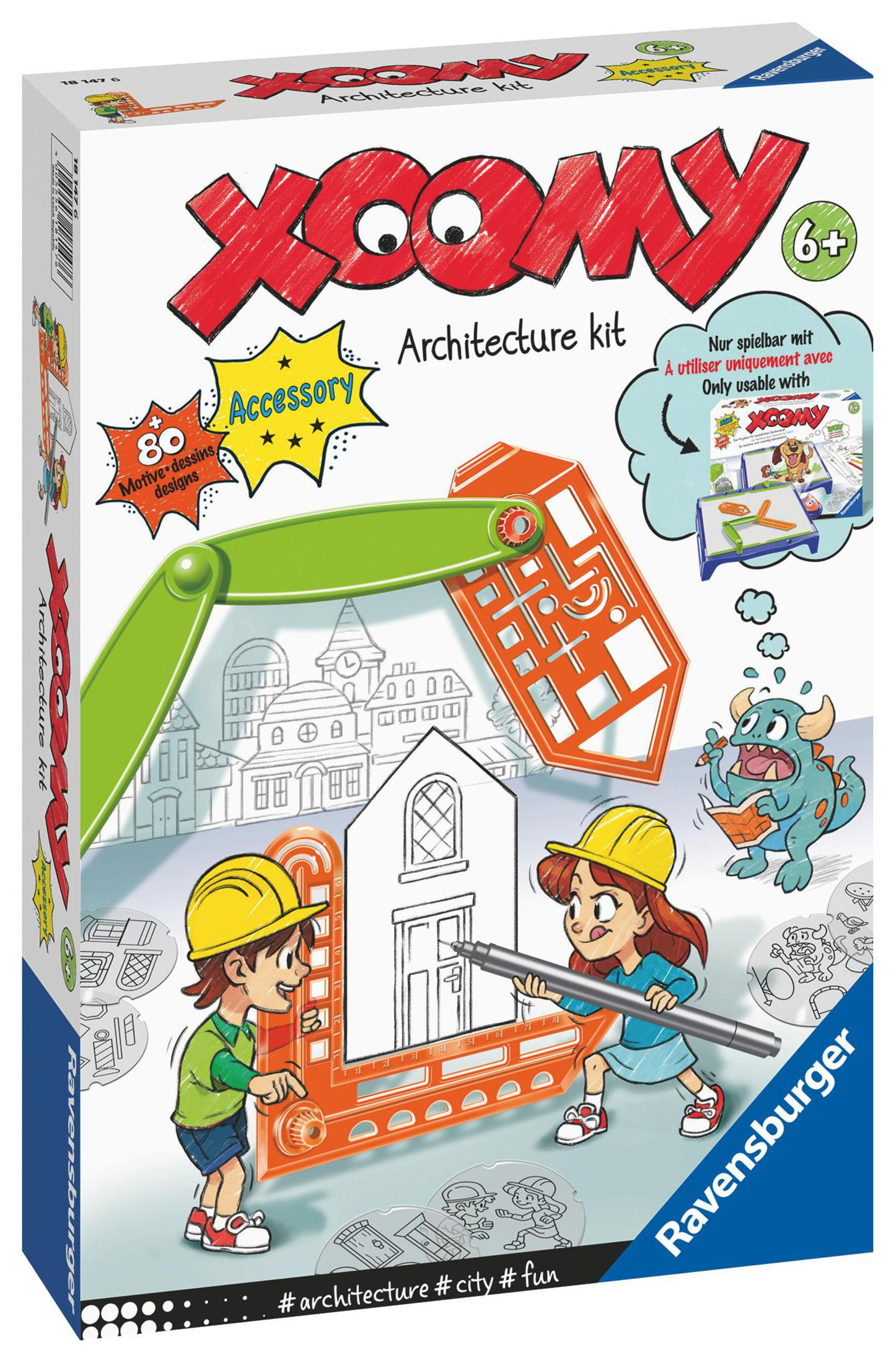Kiste eines Architektur-Baukastens für Kinder mit Zeichnungen und Illustrationen.