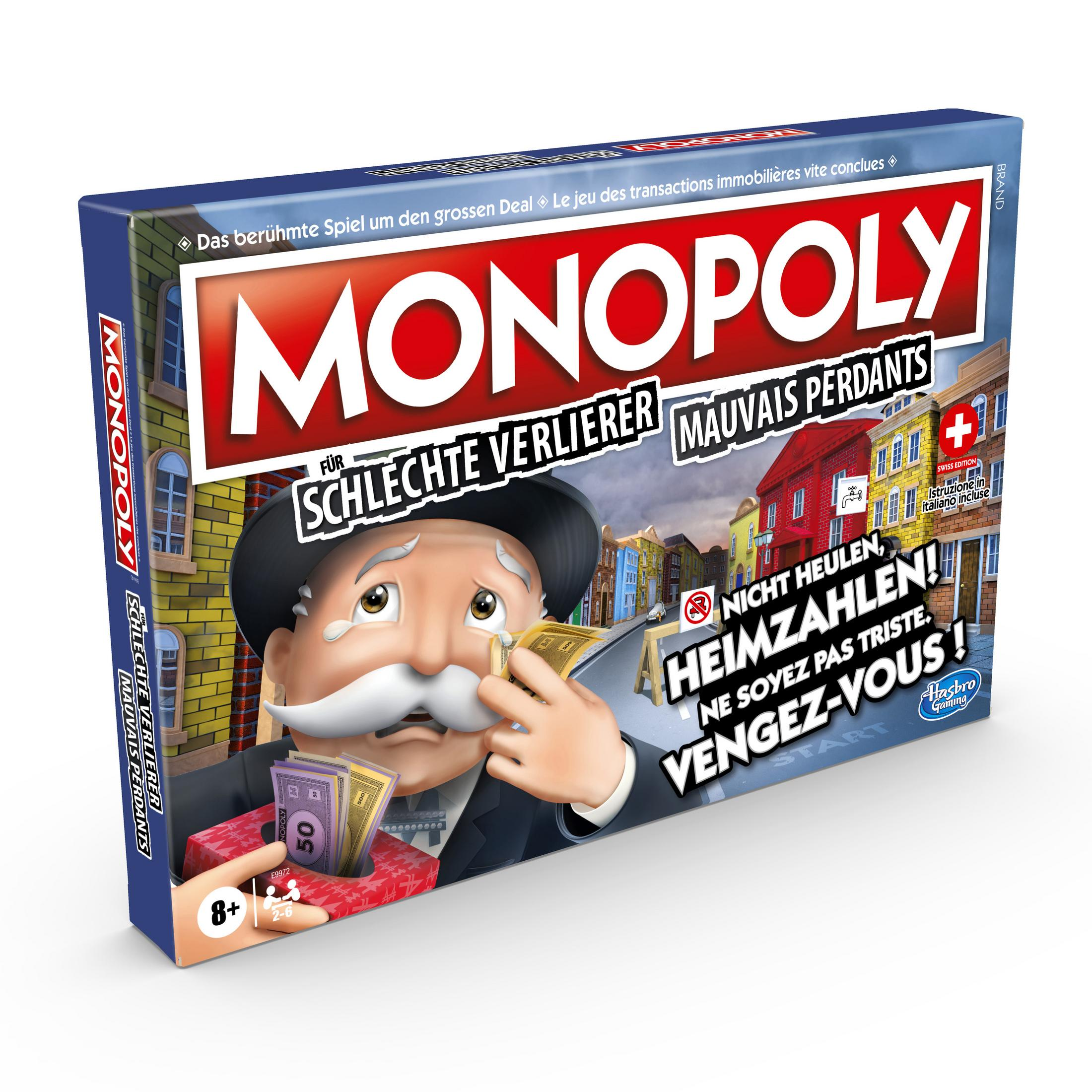 Monopoly-Brettspielbox. Die Box zeigt einen Mann mit Schnurrbart, der Geld hält.