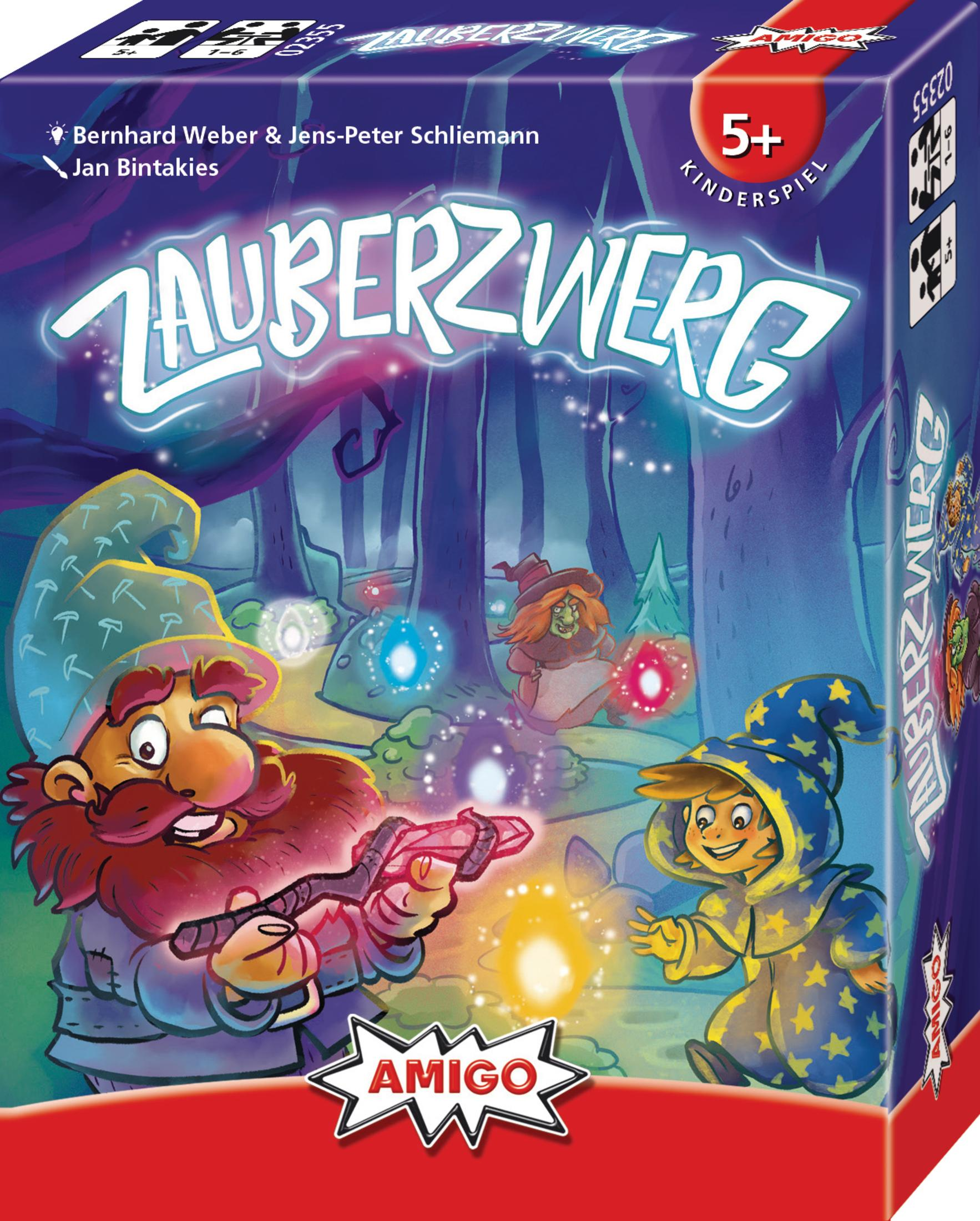 Boîte de jeu de société avec illustrations de nains et de sorciers, représentant une scène de forêt avec des lumières vives.