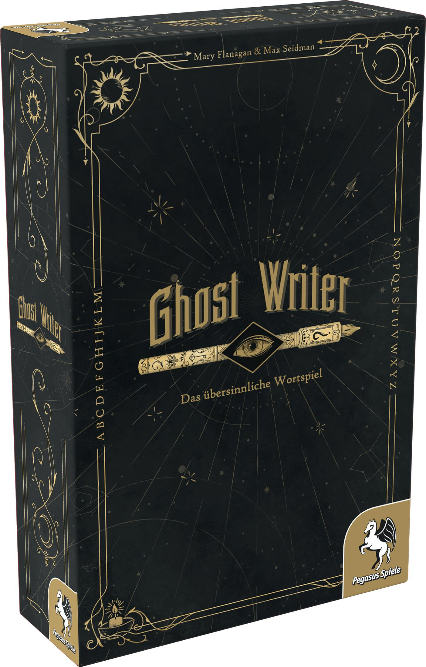 Une boîte de jeu de société noire avec un design doré et le titre "Ghost Writer".