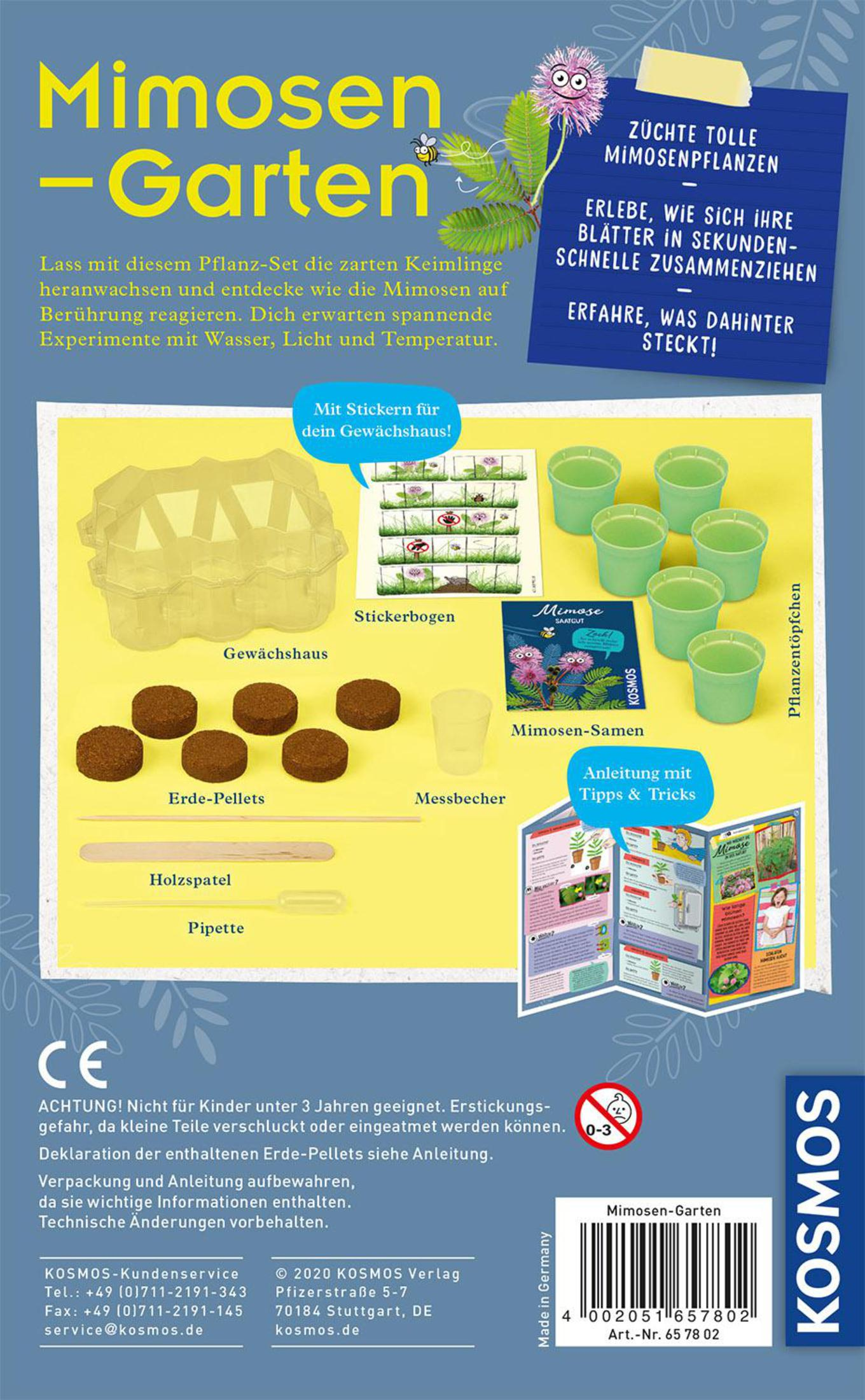 Rückseite einer 'Mimosen-Garten' Pflanzen-Set-Box, mit Gartenbedarf und Bildern.