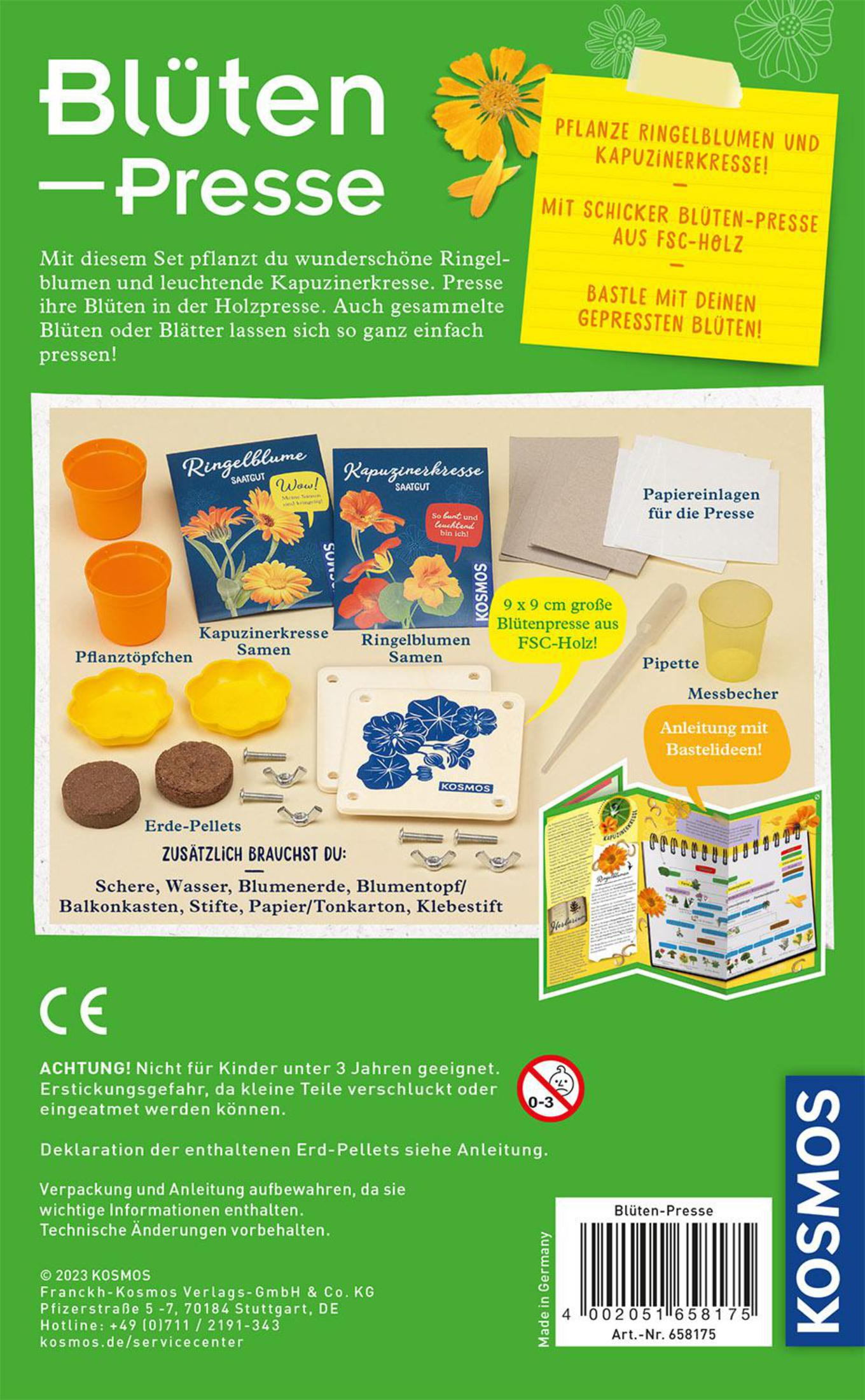 Rückseite einer Box mit Gartengeräten und Blumensamen.