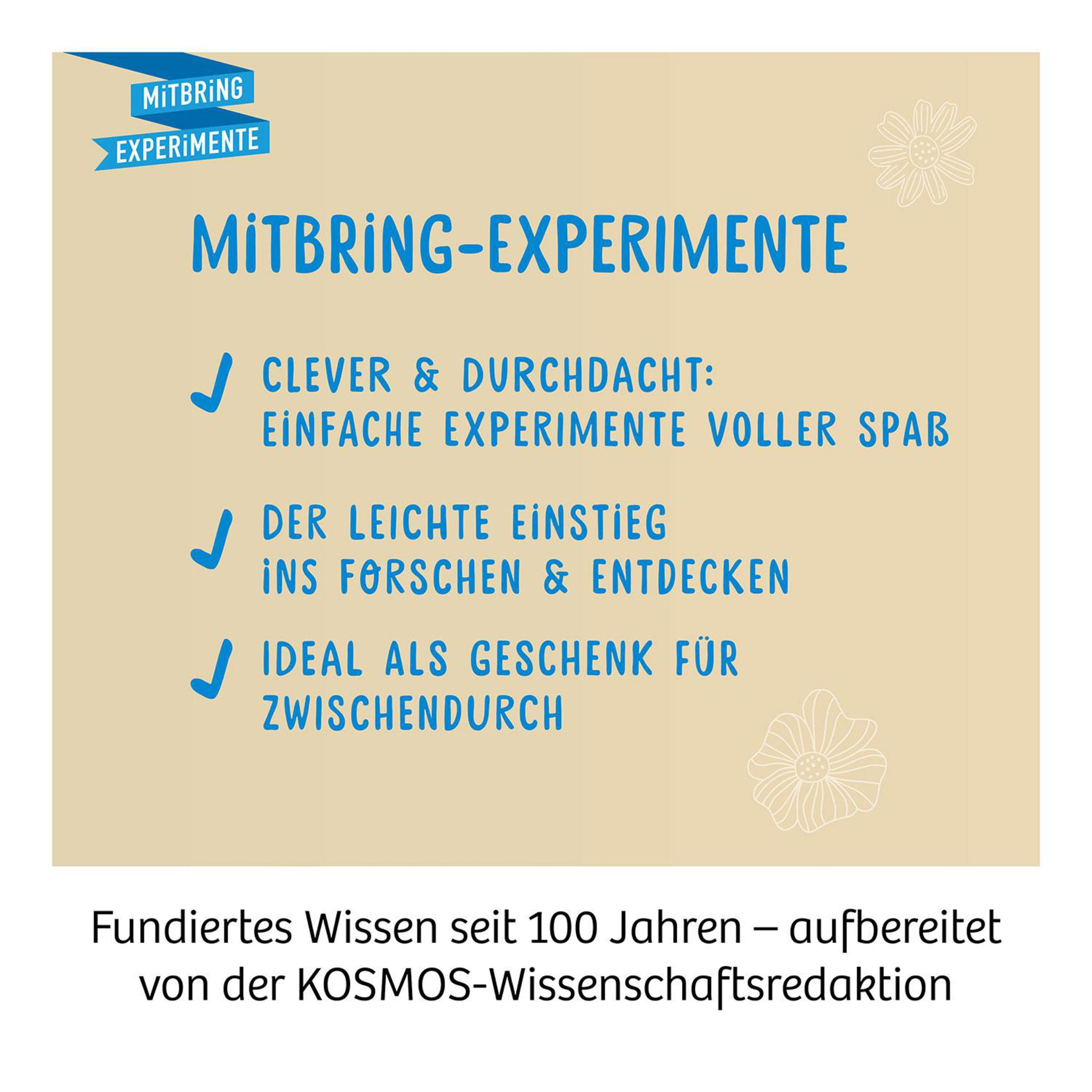 Mitbring-Experimente-Text auf weißem Hintergrund mit Häkchen und Blumen.