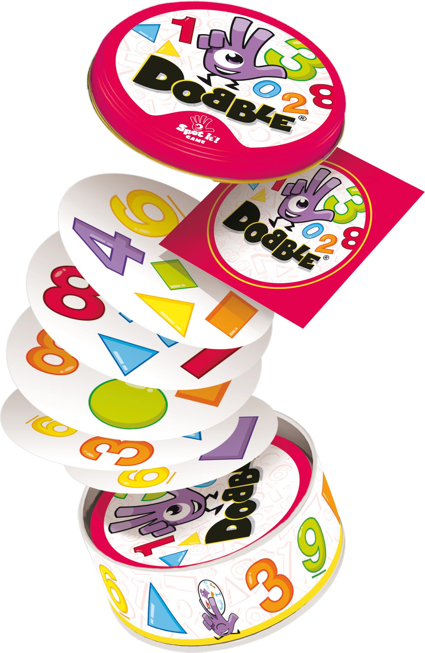 Dobble Kartenspiel mit Karten in einem Stapel, einer Schachtel und einer aus der Schachtel fallenden Karte.