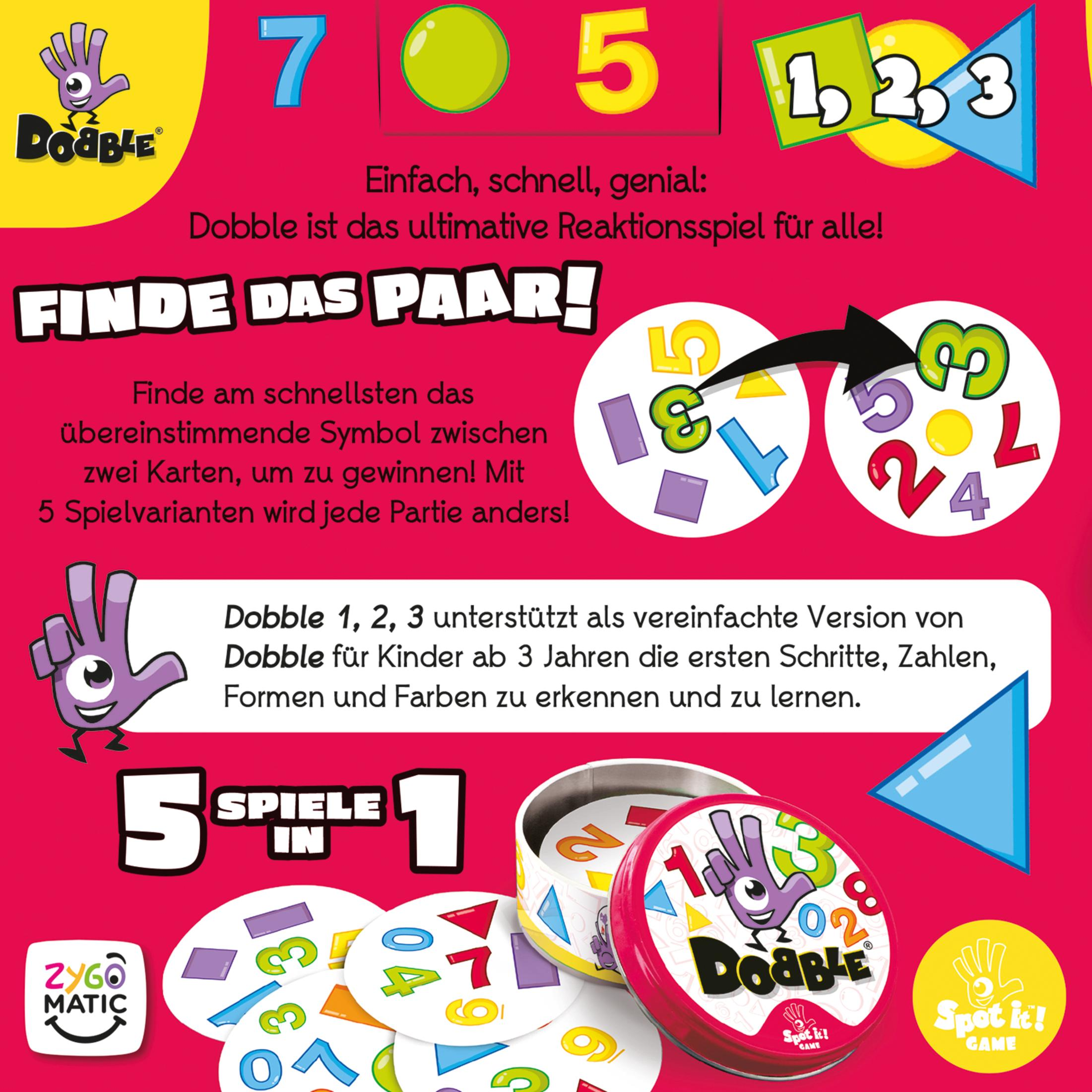 Eine Kartenspielschachtel und Karten mit Zahlen und Formen. Das Spiel heißt Dobble.